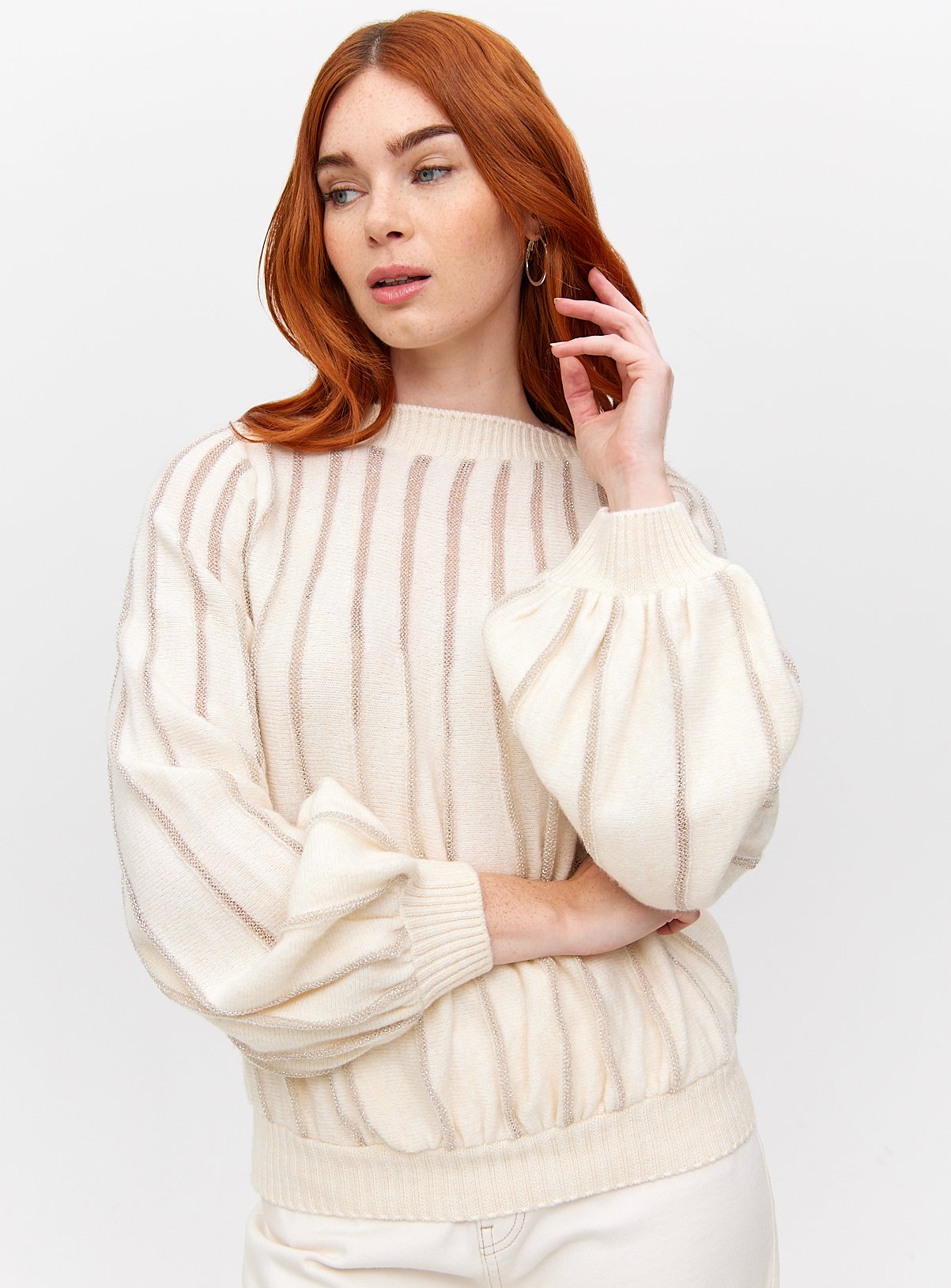 Cream Glitter Stripe Volume Sleeve Jumper 