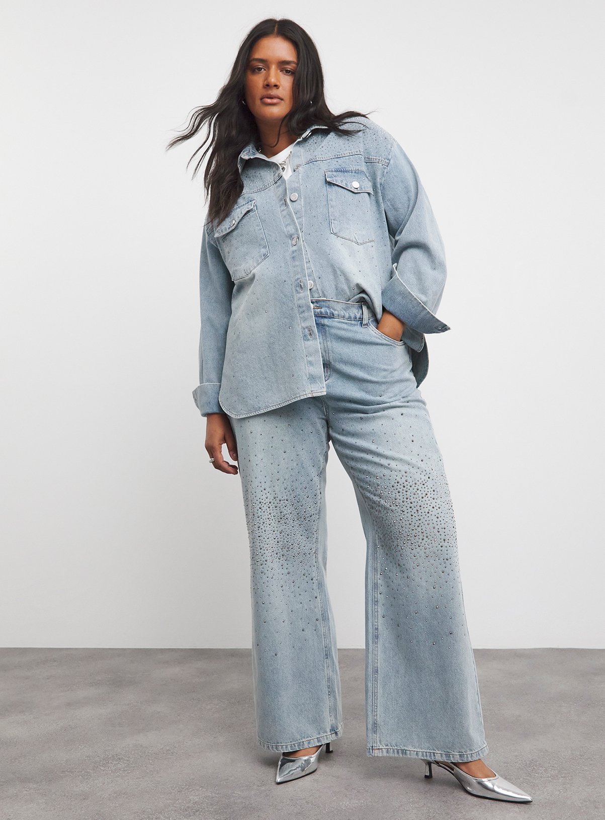 SIMPLY BE Light Wash Embellished Wide Leg Jean 