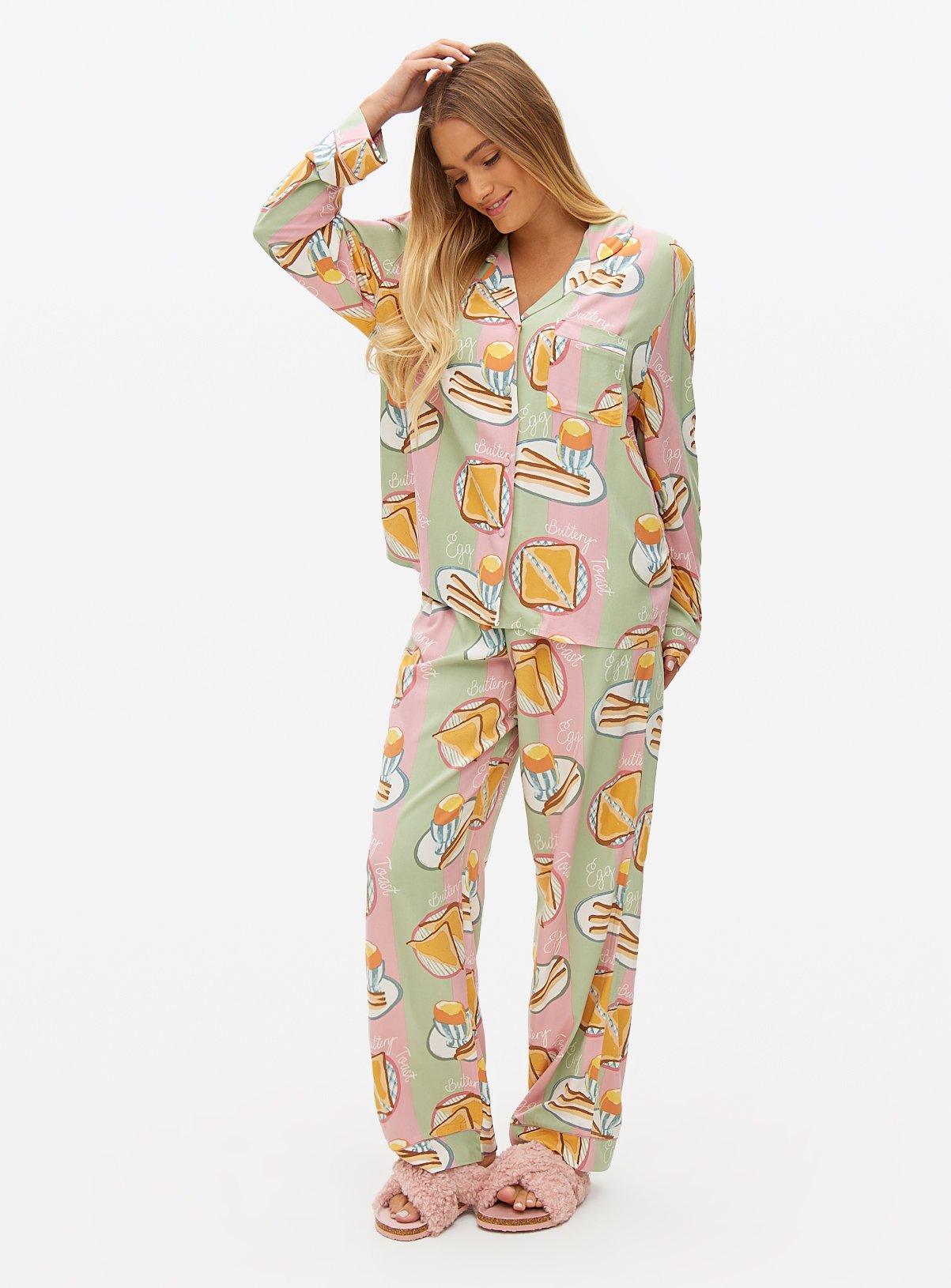Green Stripe Breakfast Print Pyjama Set