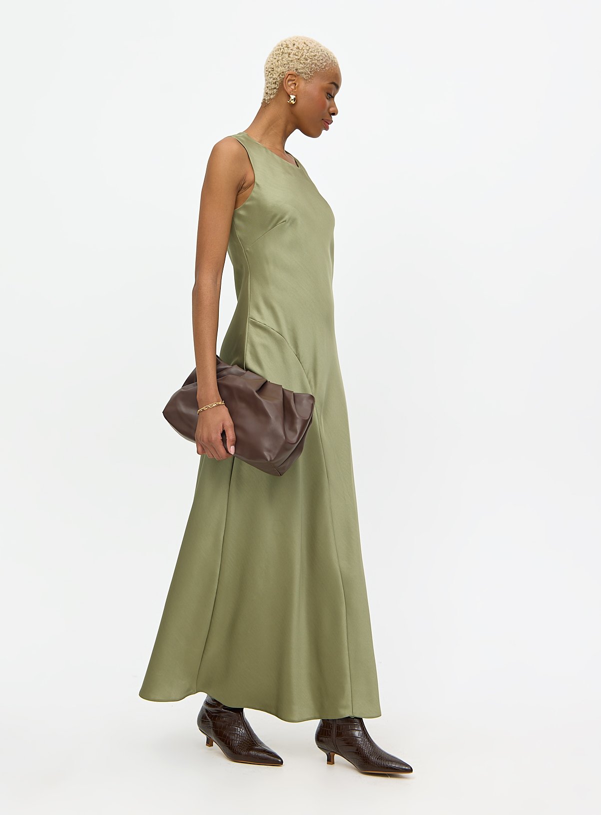 Satin Green Short Sleeve Midaxi Shift Dress 