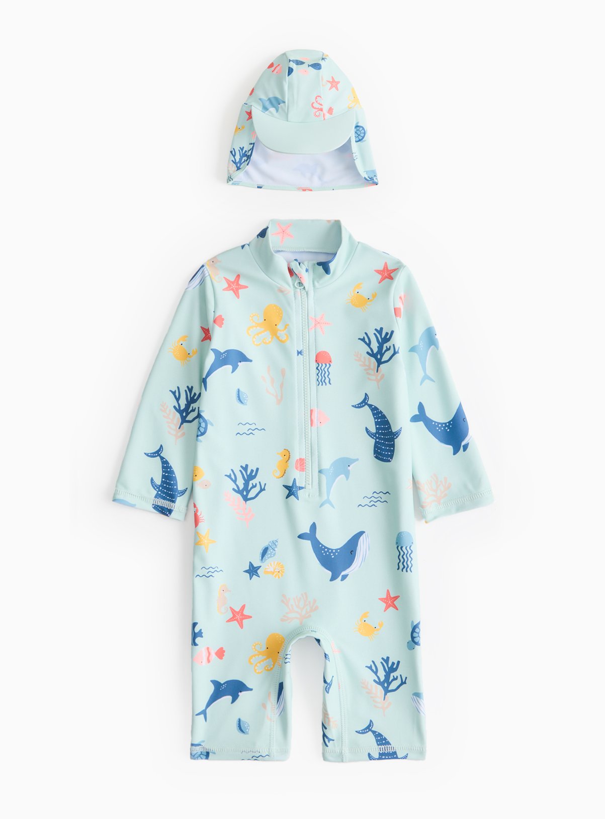 Blue Sea Print Sunsafe Swimsuit & Keppi Hat Set 6-9 months