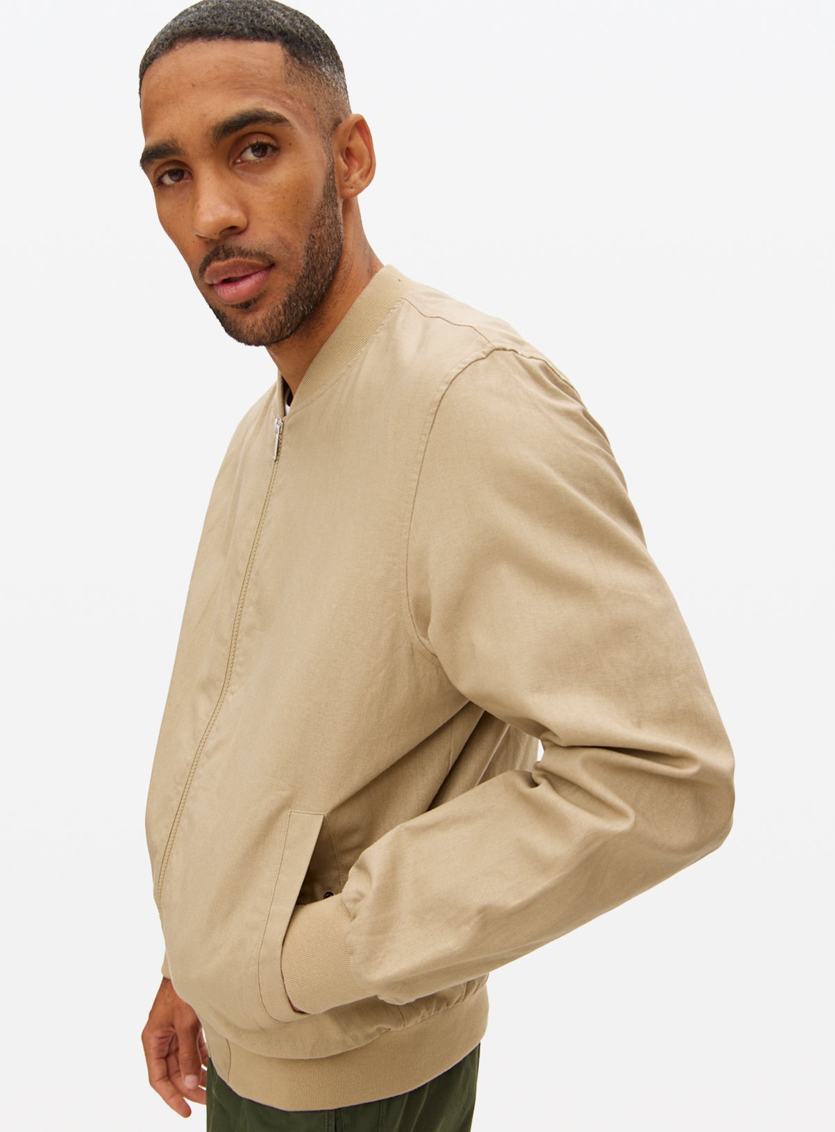 Brown Linen Bomber Jacket 