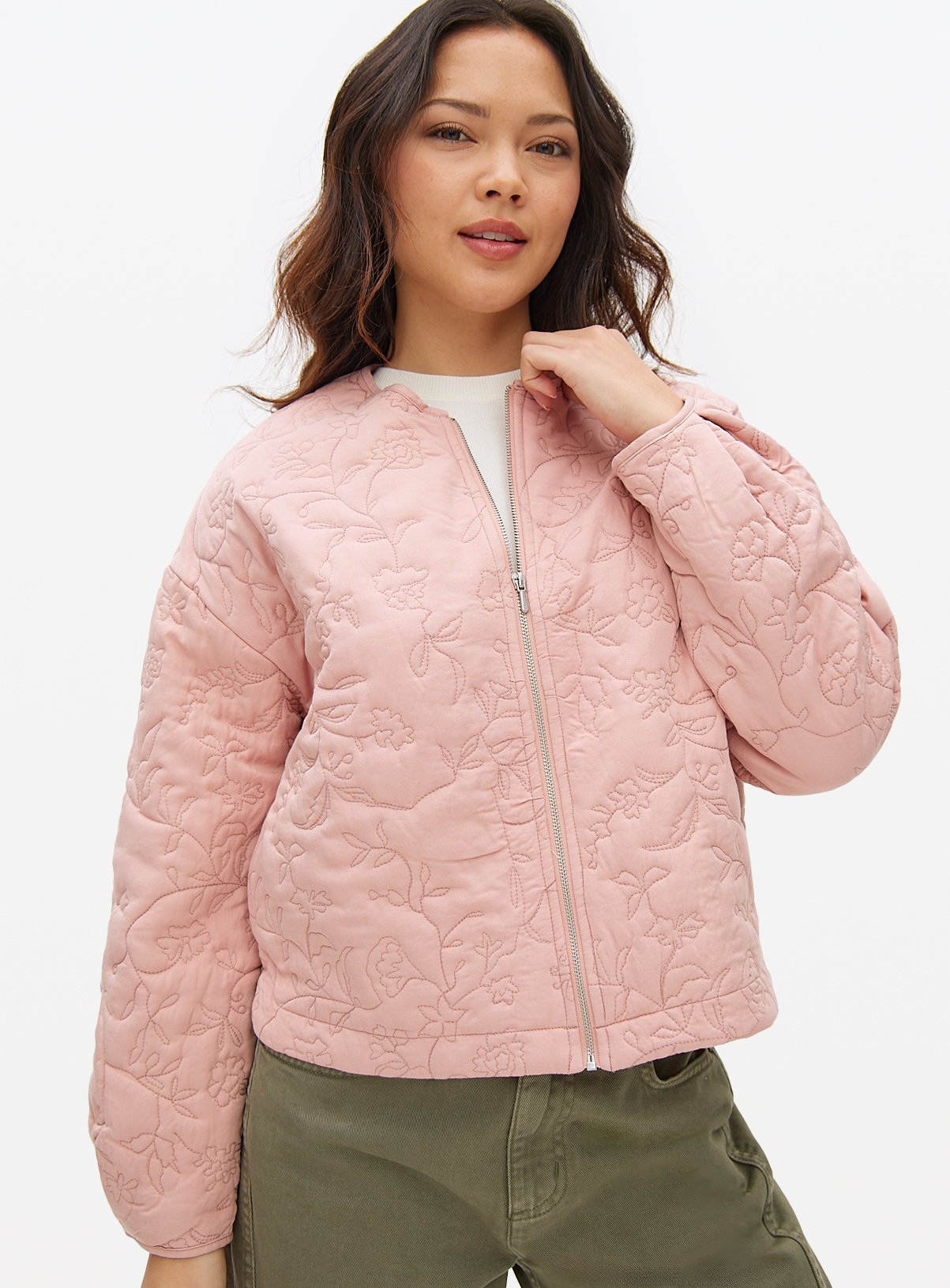 Pink Floral Embroidered Bomber Jacket L