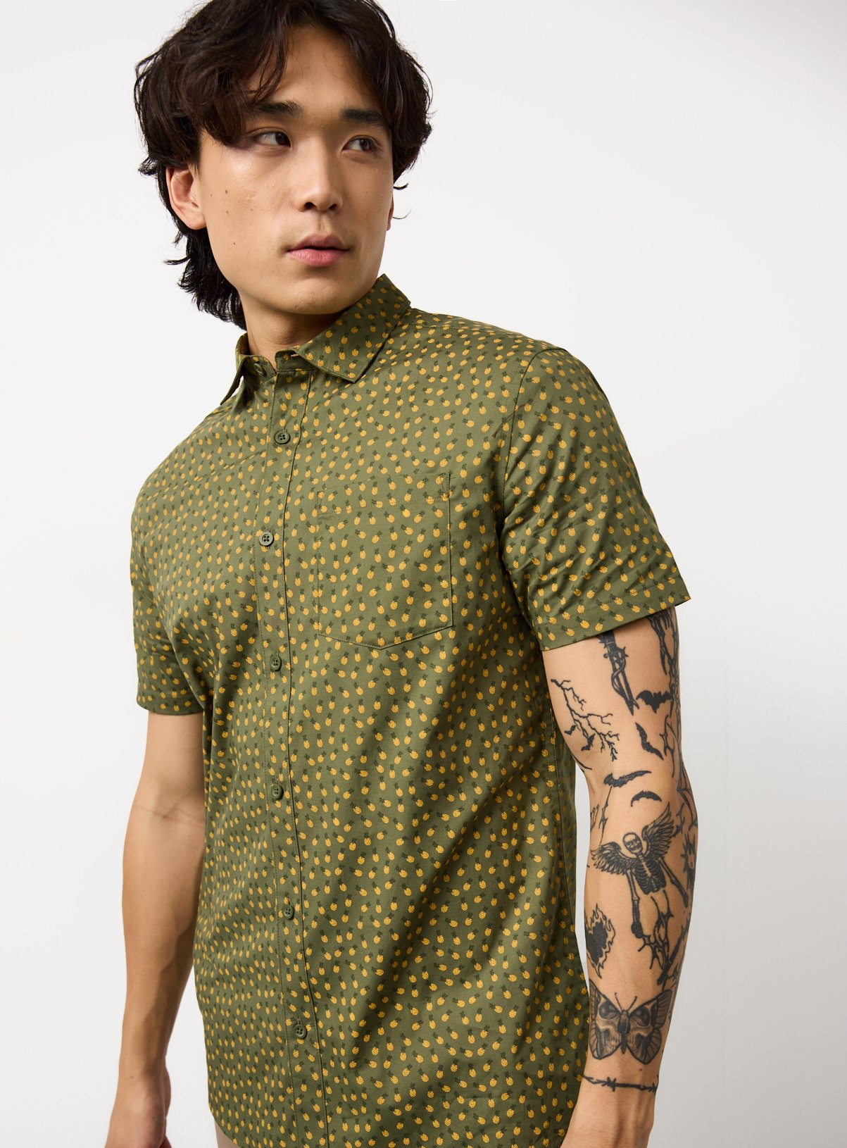 Khaki Pineapple Print Slim Fit Short Sleeve Shirt XL