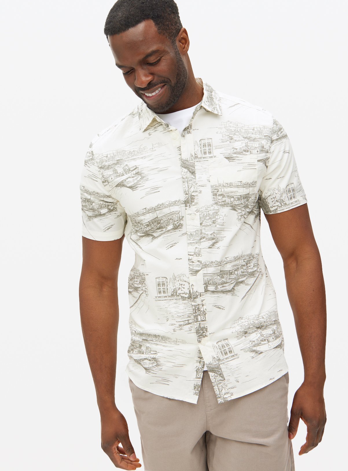 Sketch Scenic Print Slim Fit Short Sleeve Shirt XXL
