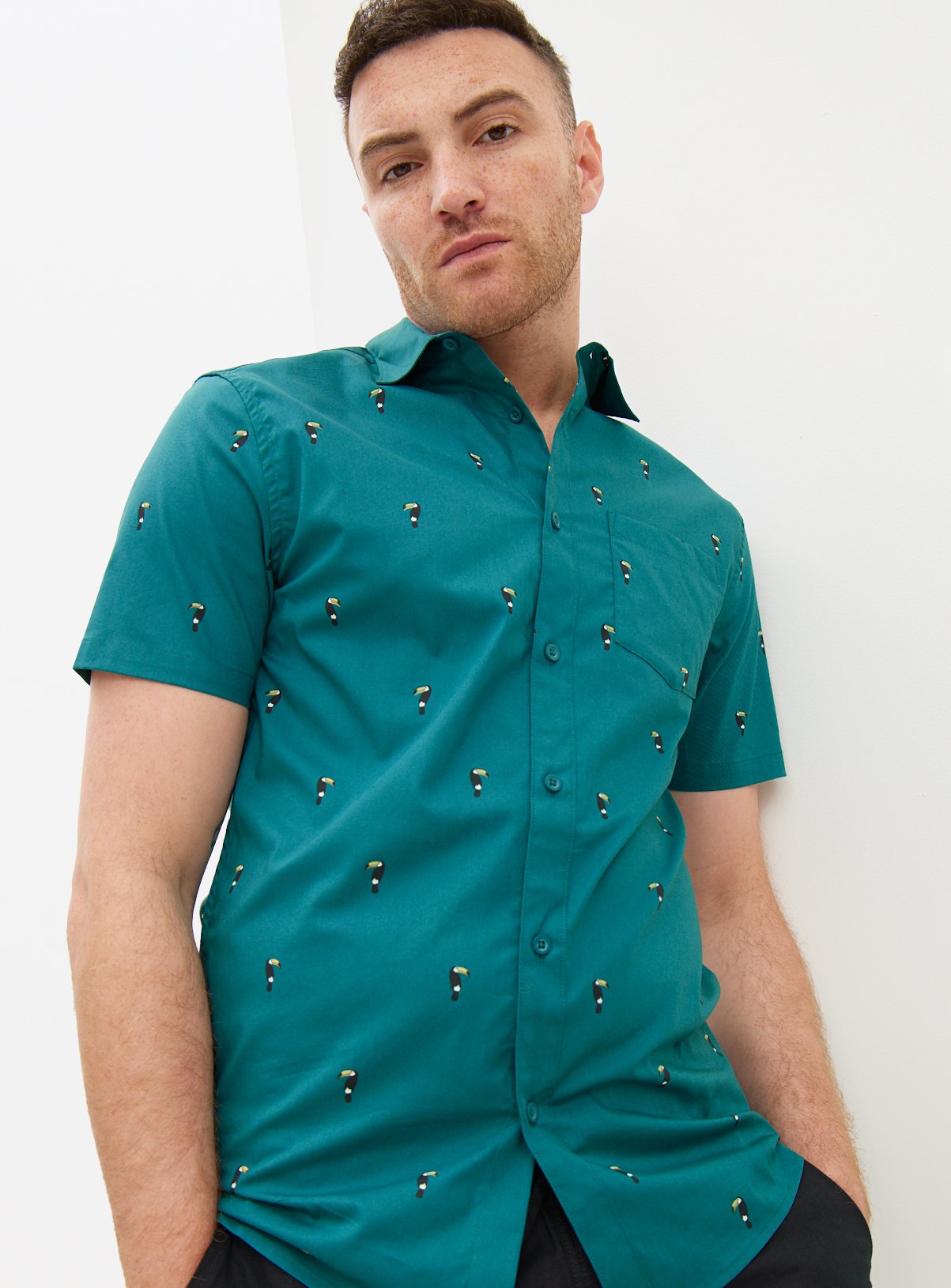 Teal Toucan Printed Slim Fit Shirt XXL