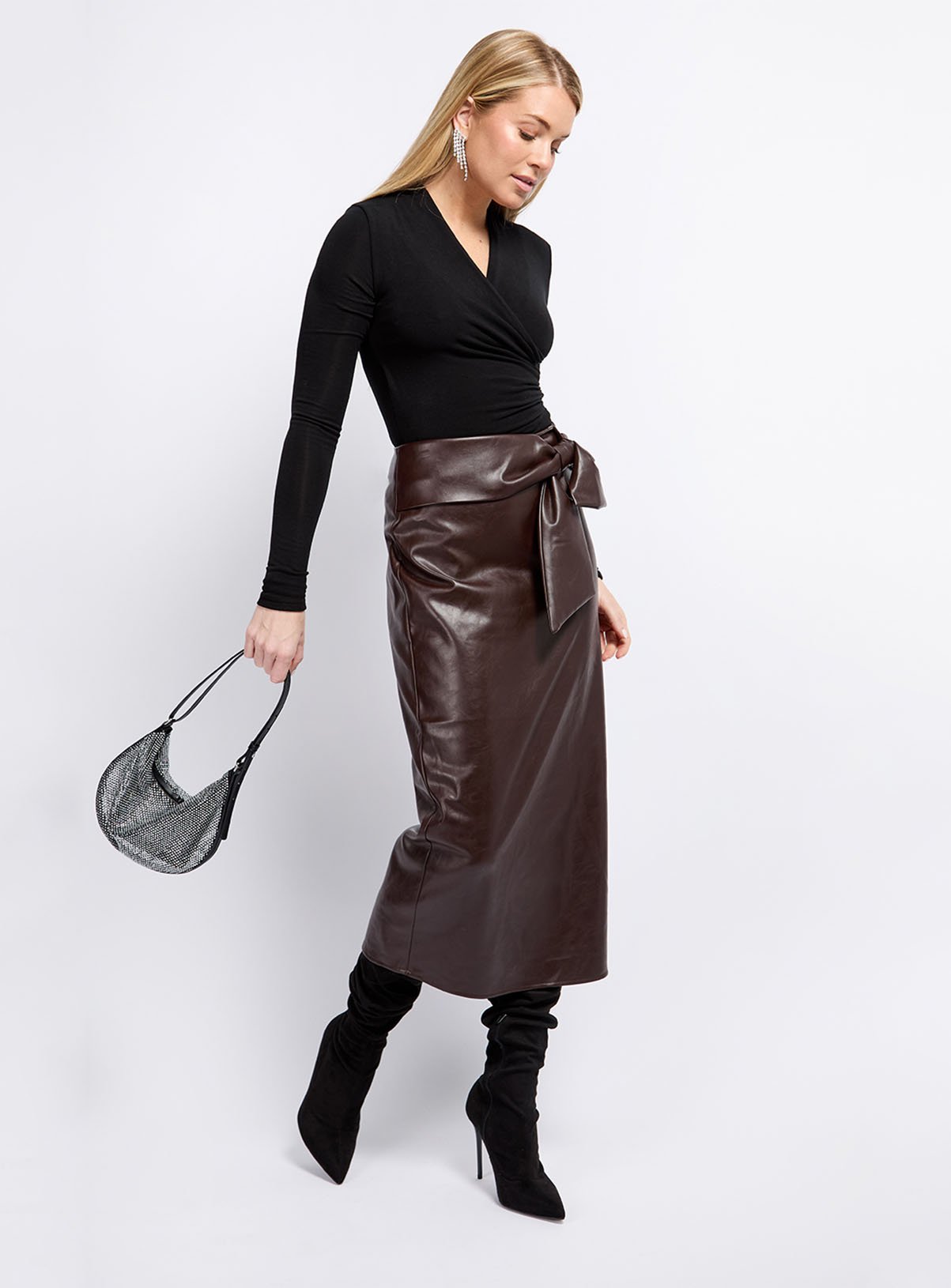 VOGUE WILLIAMS Brown Pu Tie Skirt 