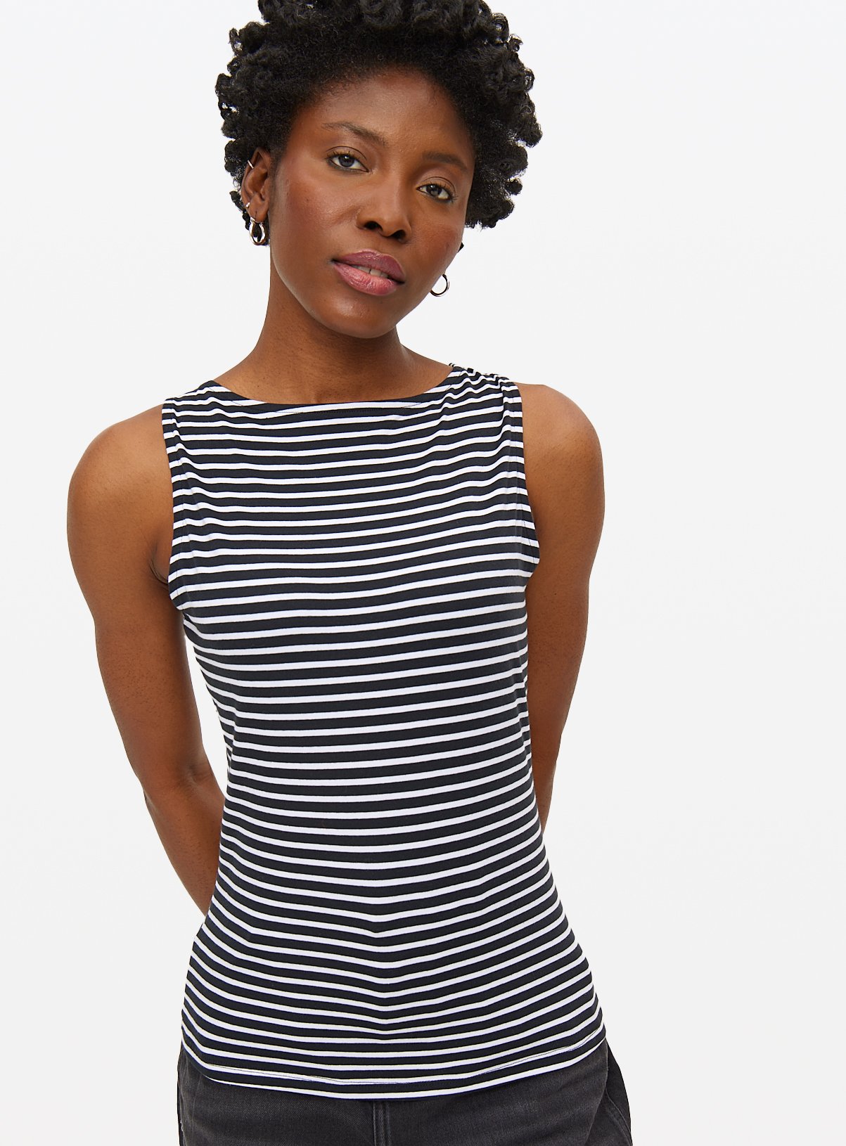 Black Stripe Sleeveless Boat Neck Top