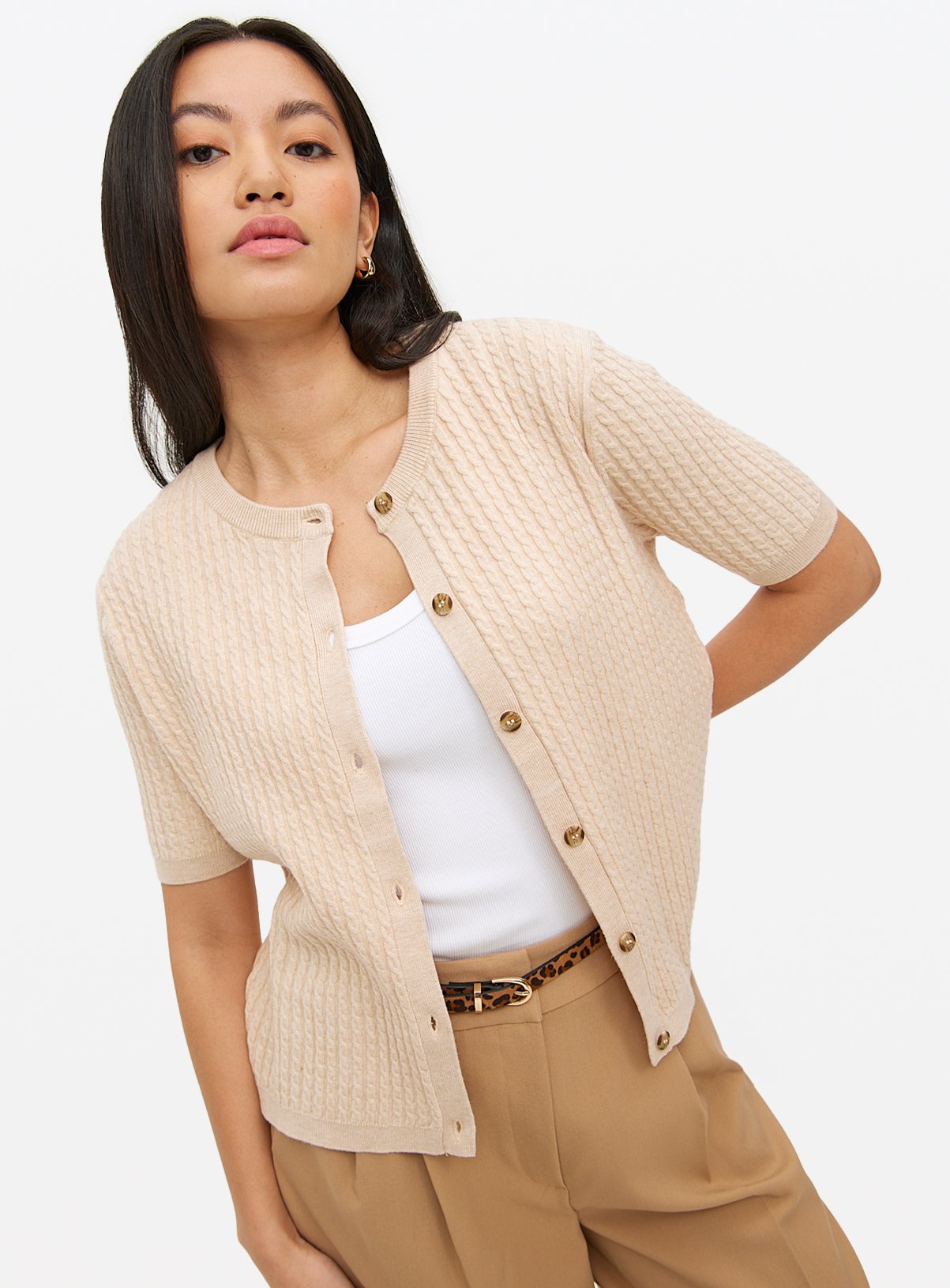 Short Sleeve Soft Touch Cable Knit Cardigan 