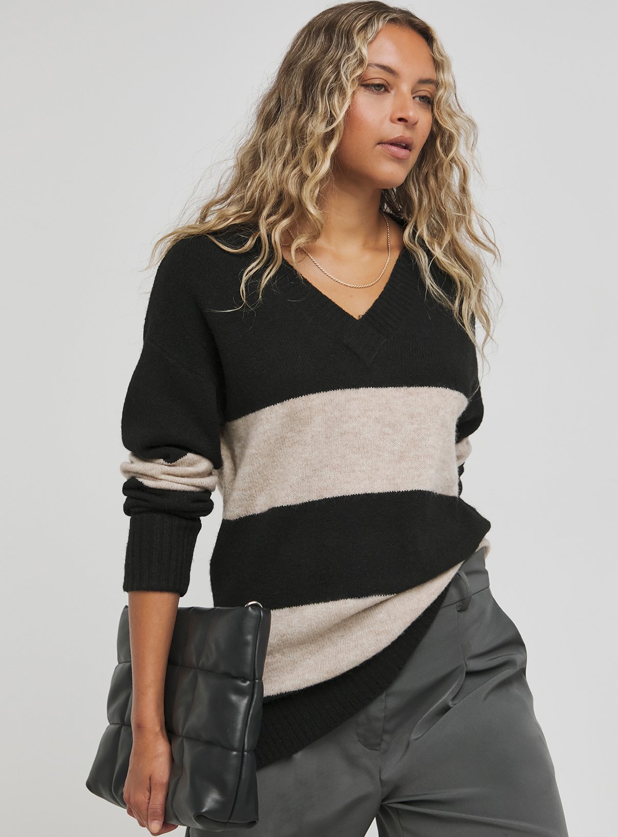 SIMPLY BE Black Stripe Slouchy V Neck Longline Jumper 