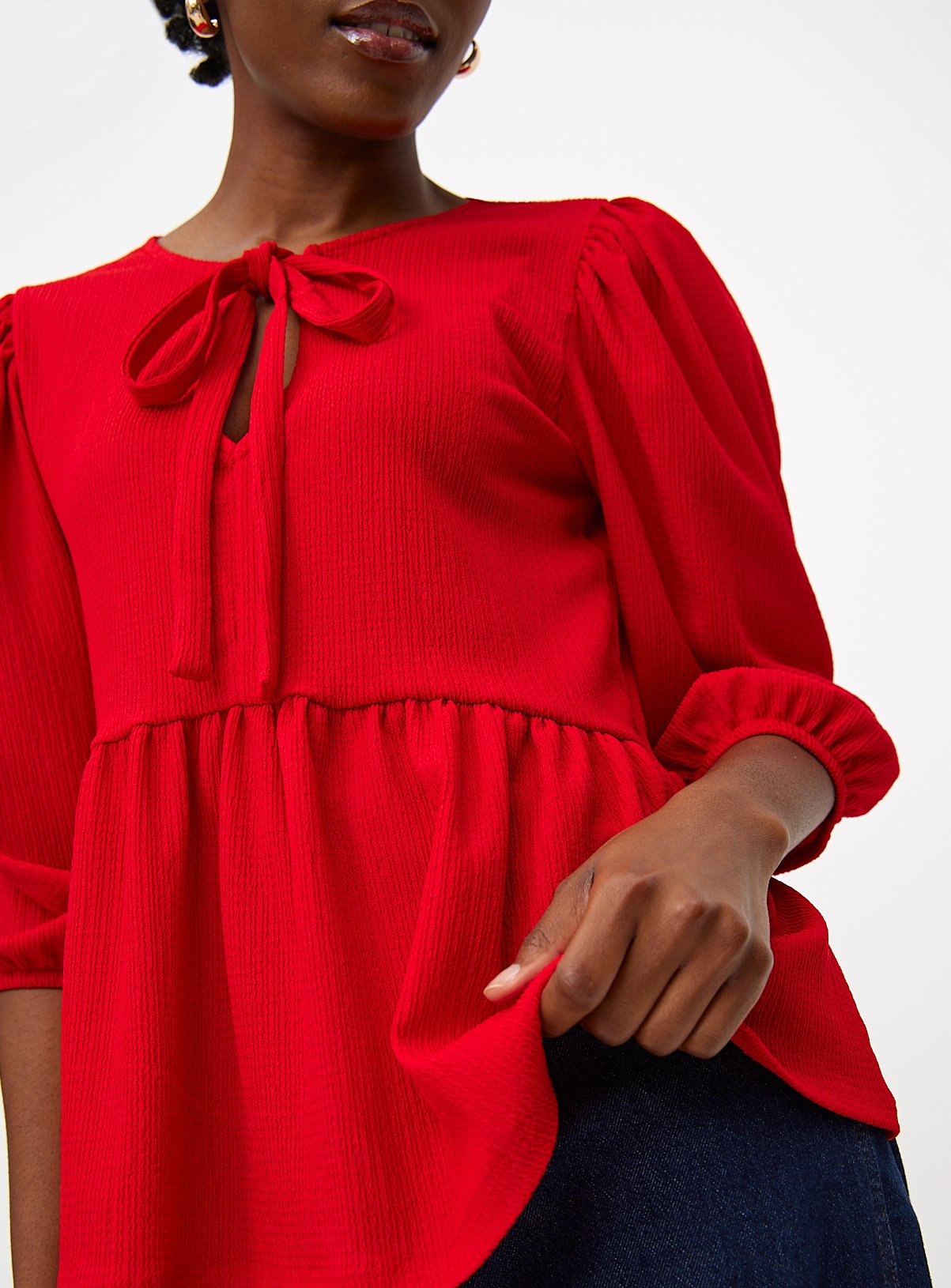 Red Tie Front Half-Sleeve Textured Top  
