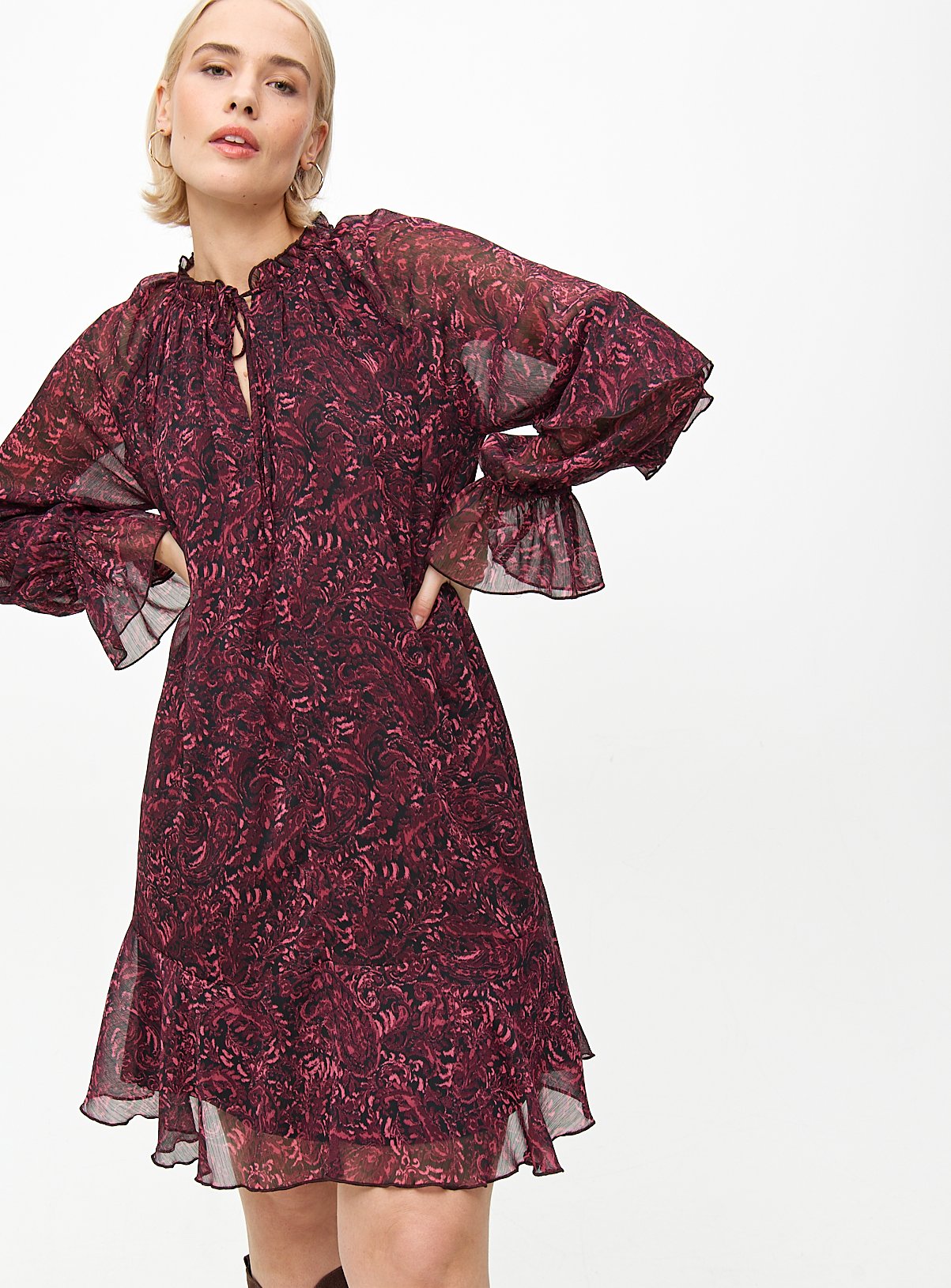 Burgundy Forest Print Chiffon Long Sleeve Mini Dress