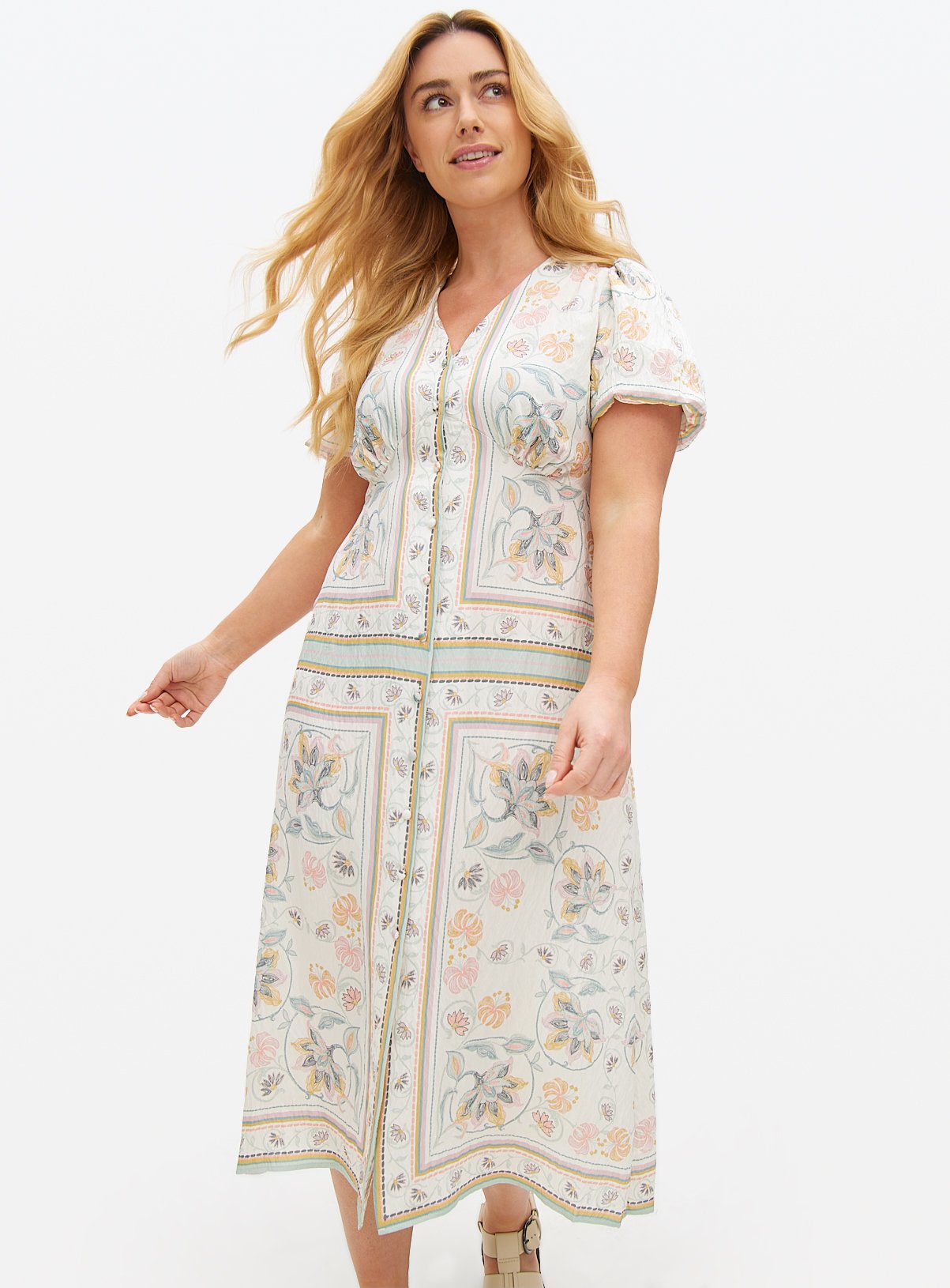 Cream Scarf Printed Midaxi Tea Dress 