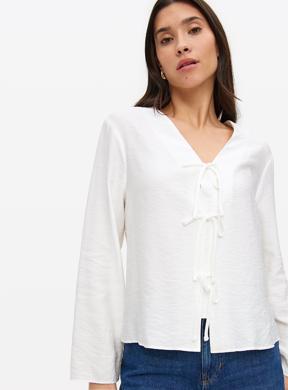 White Tie Front V-Neck Blouse  22