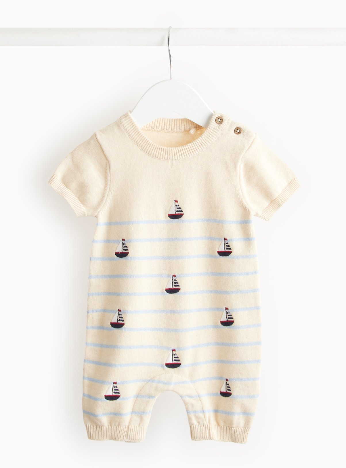 Cream Boat Embroidered Knitted Romper 