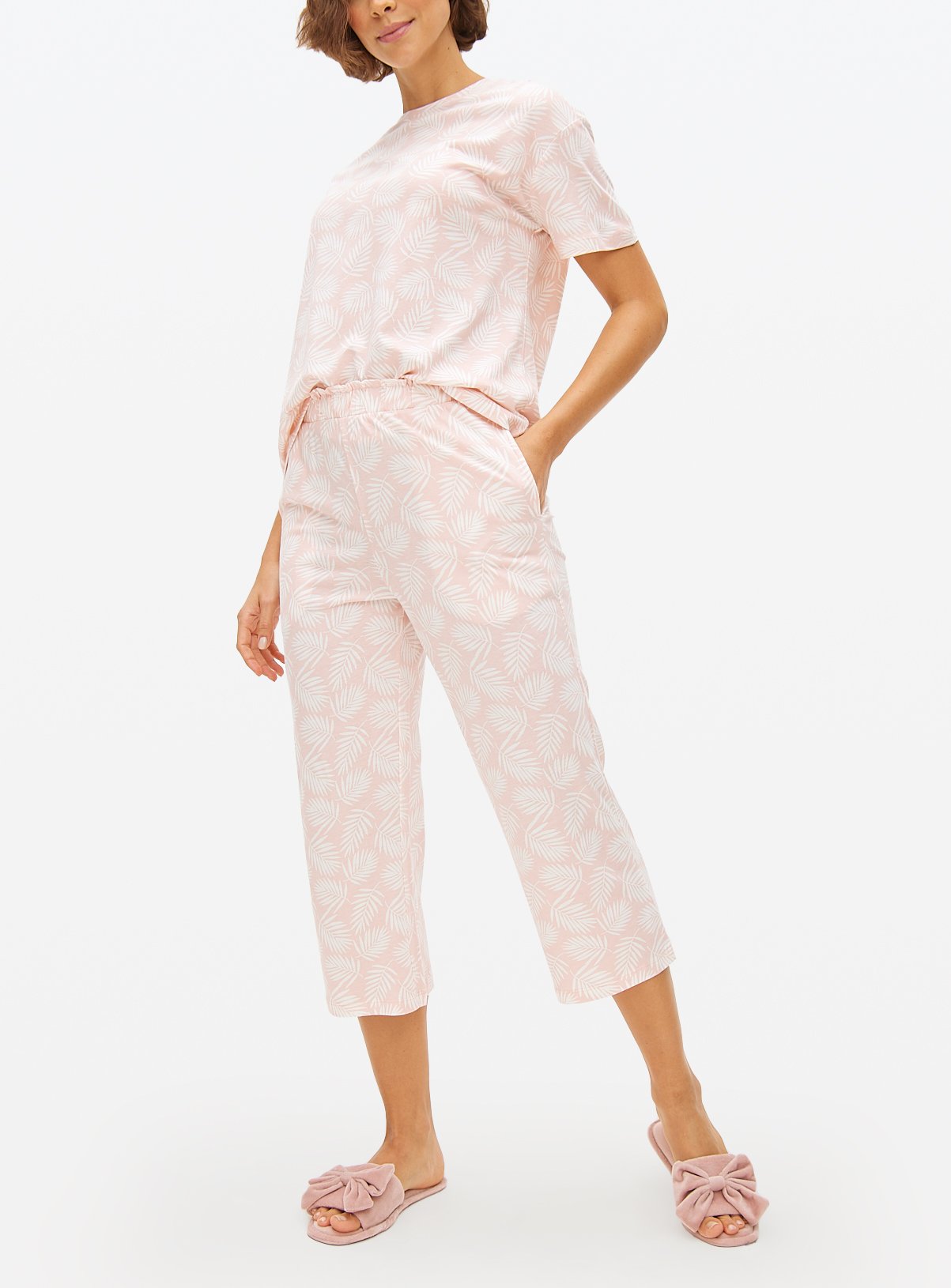 Pink Leaf Print Cropped Co-ord Pyjama Bottoms 