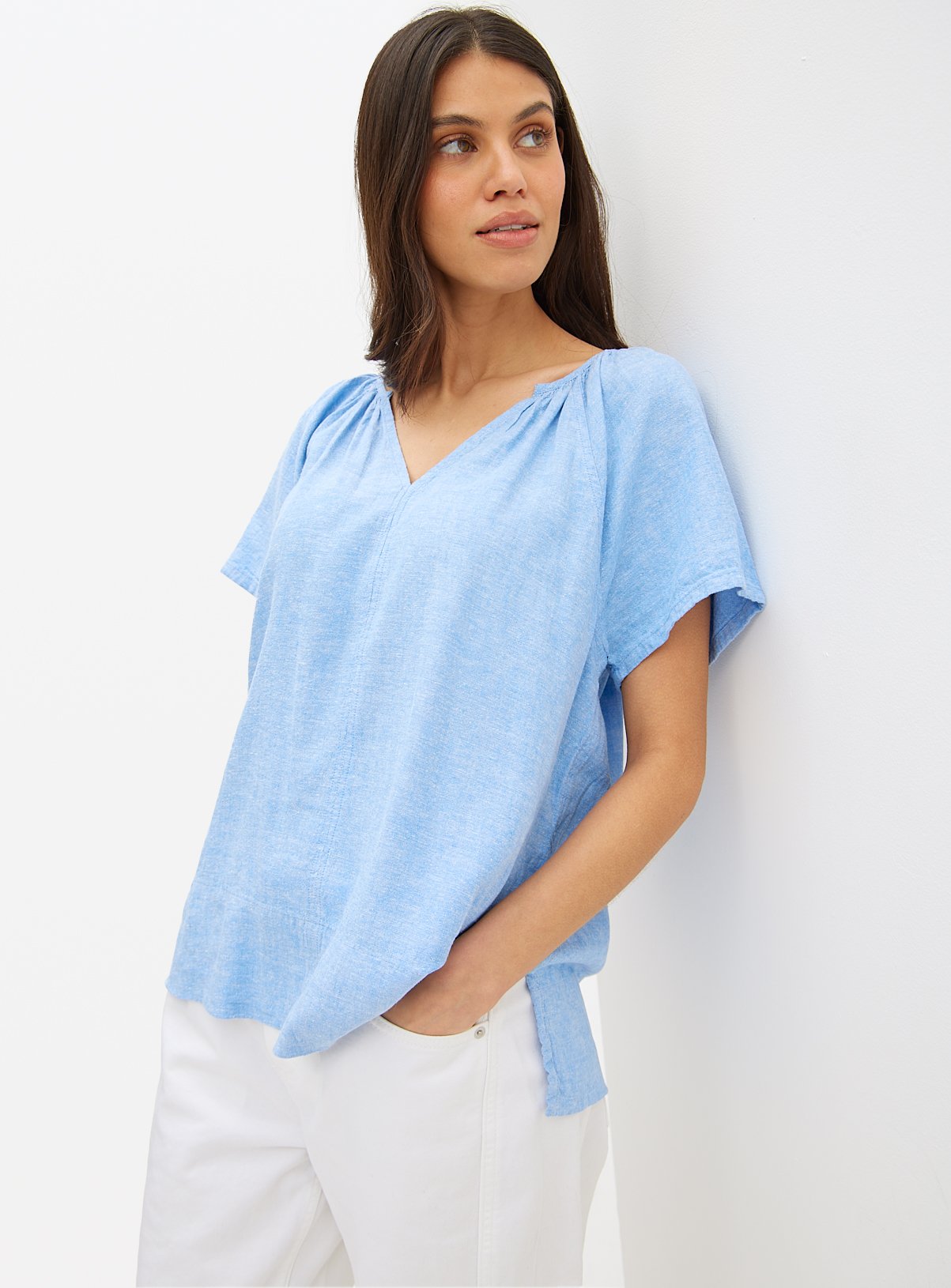 Chambray Blue Gather Linen Blend Blouse