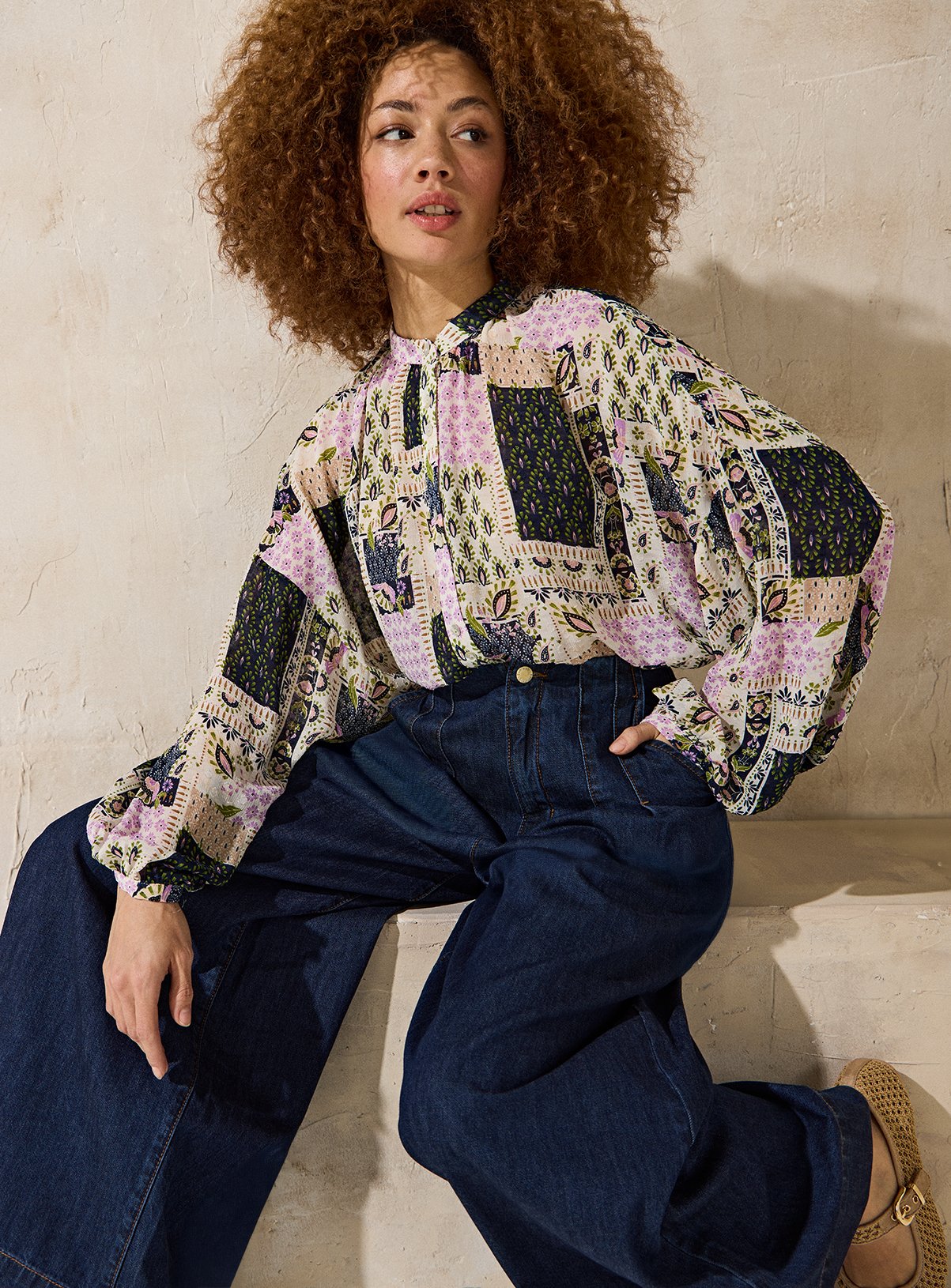 EVERBELLE Patchwork Printed Button Detail Blouse 