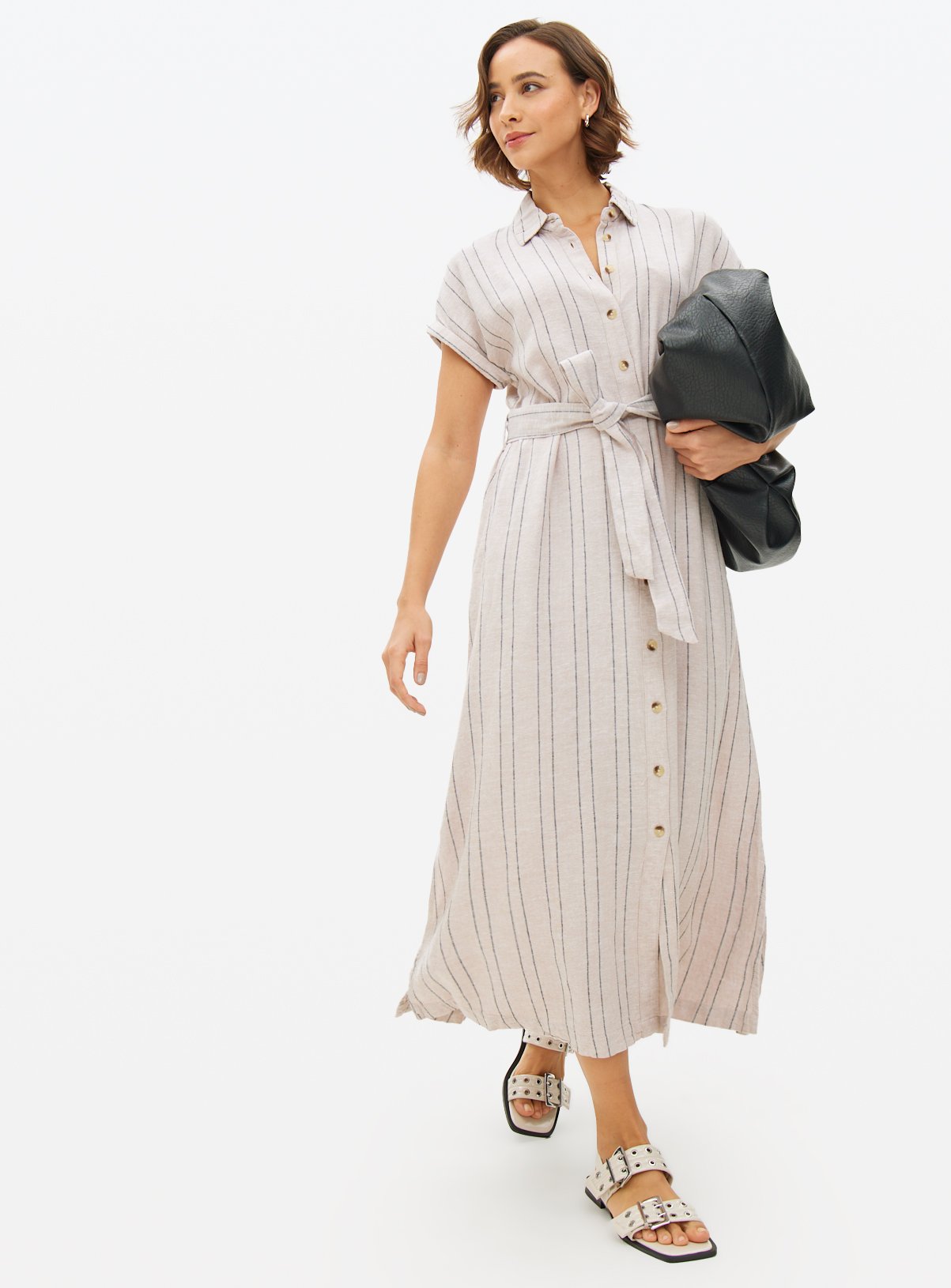 Neutral Stripe Linen Blend Shirt Dress