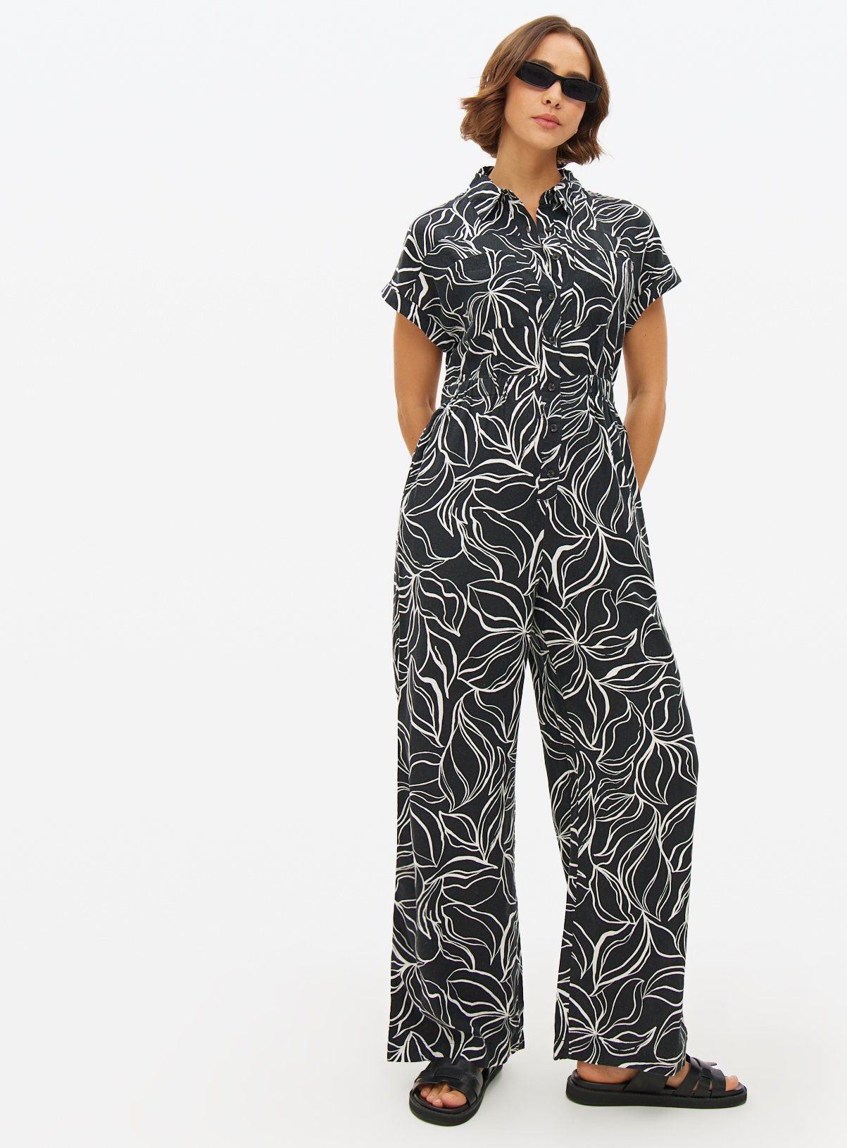 Black Printed Linen Blend Jumpsuit