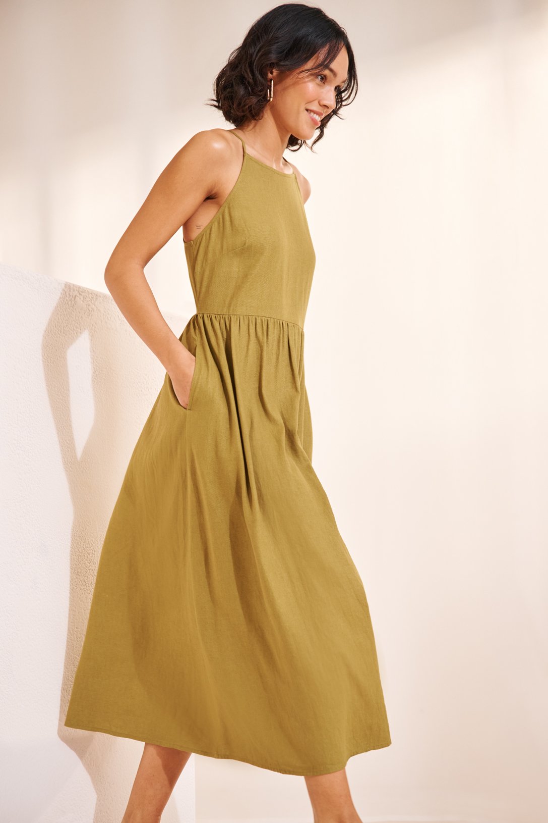 Khaki Linen Cami Dress