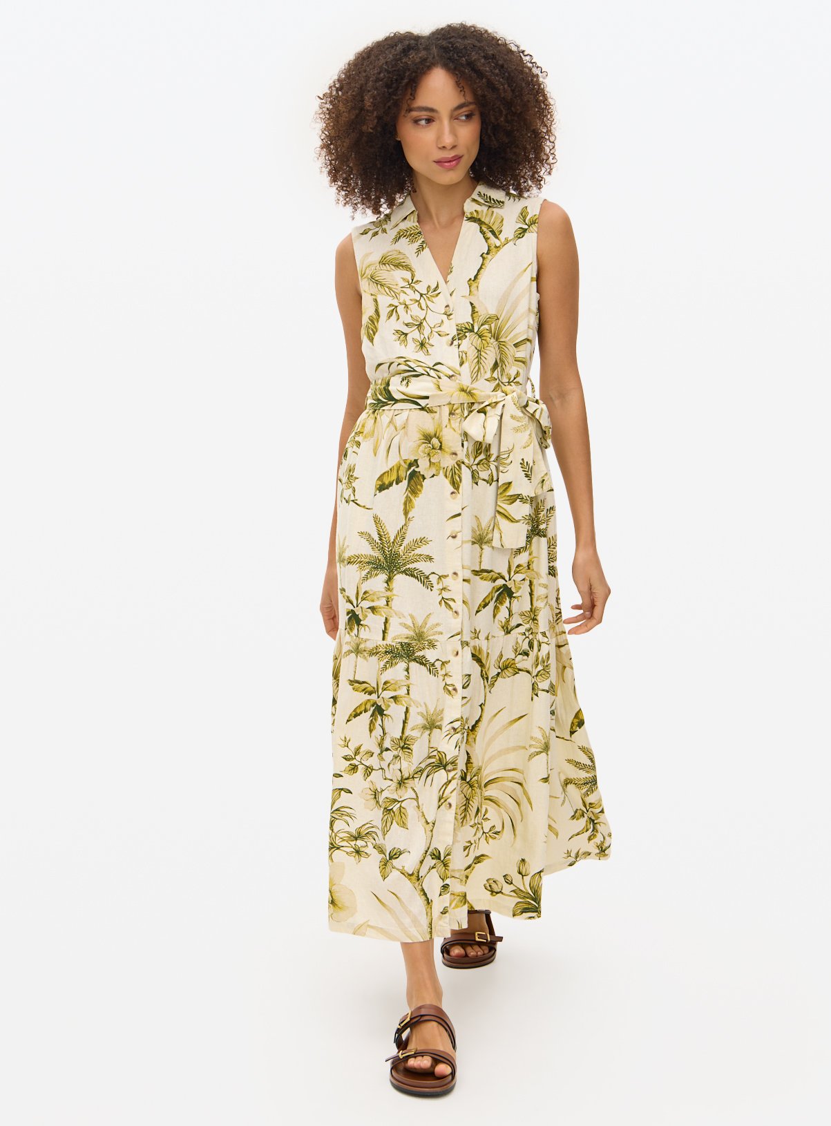 Cream Tropical Print Sleeveless Linen Blend Shirt Dress
