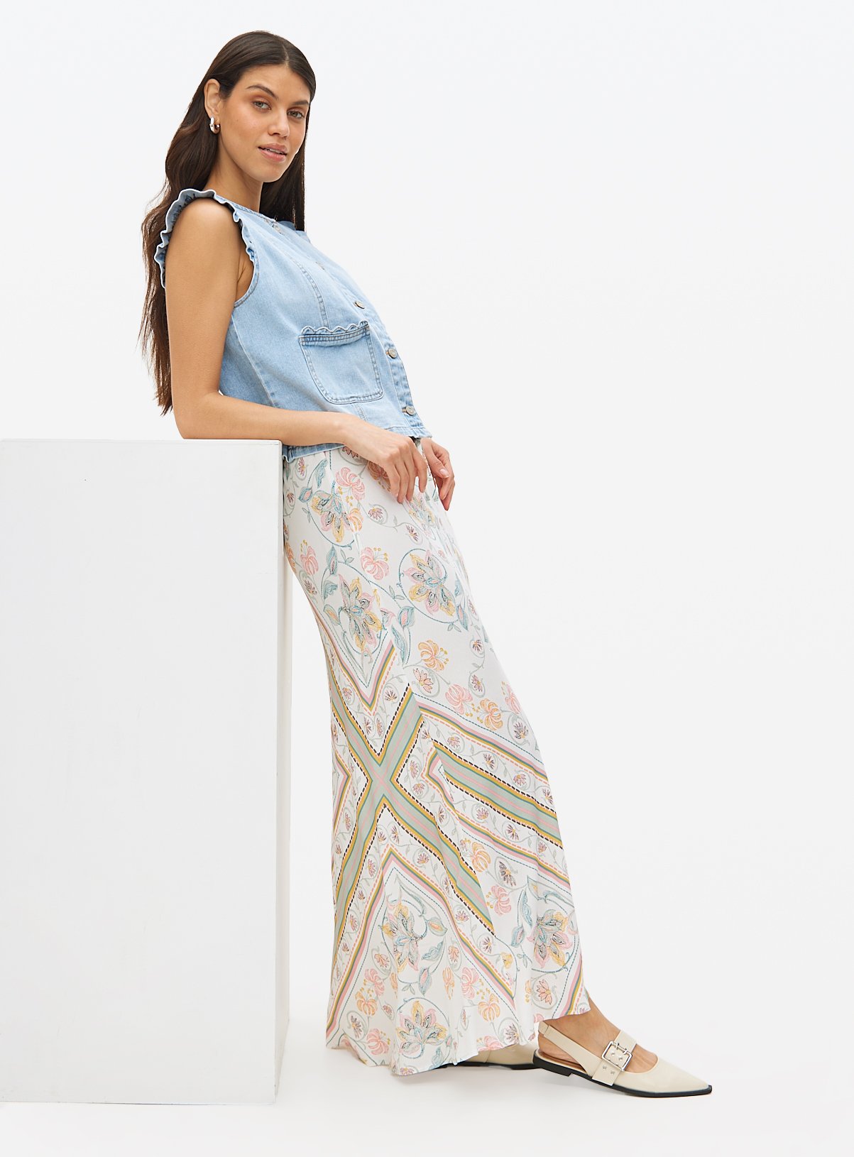 Cream Scarf Printed Midaxi Slip Skirt 