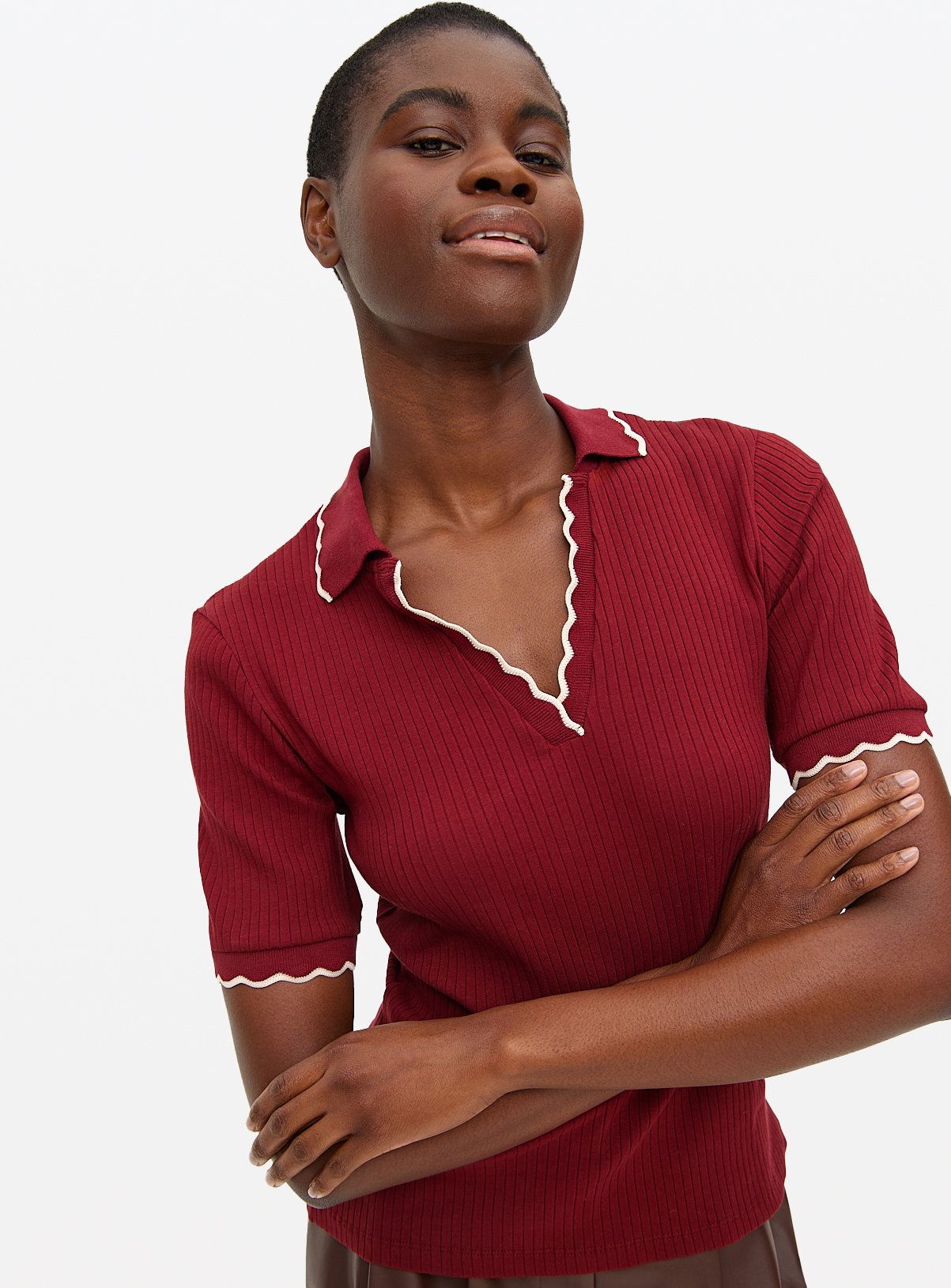 Scallop Trim Contrast Polo Top 