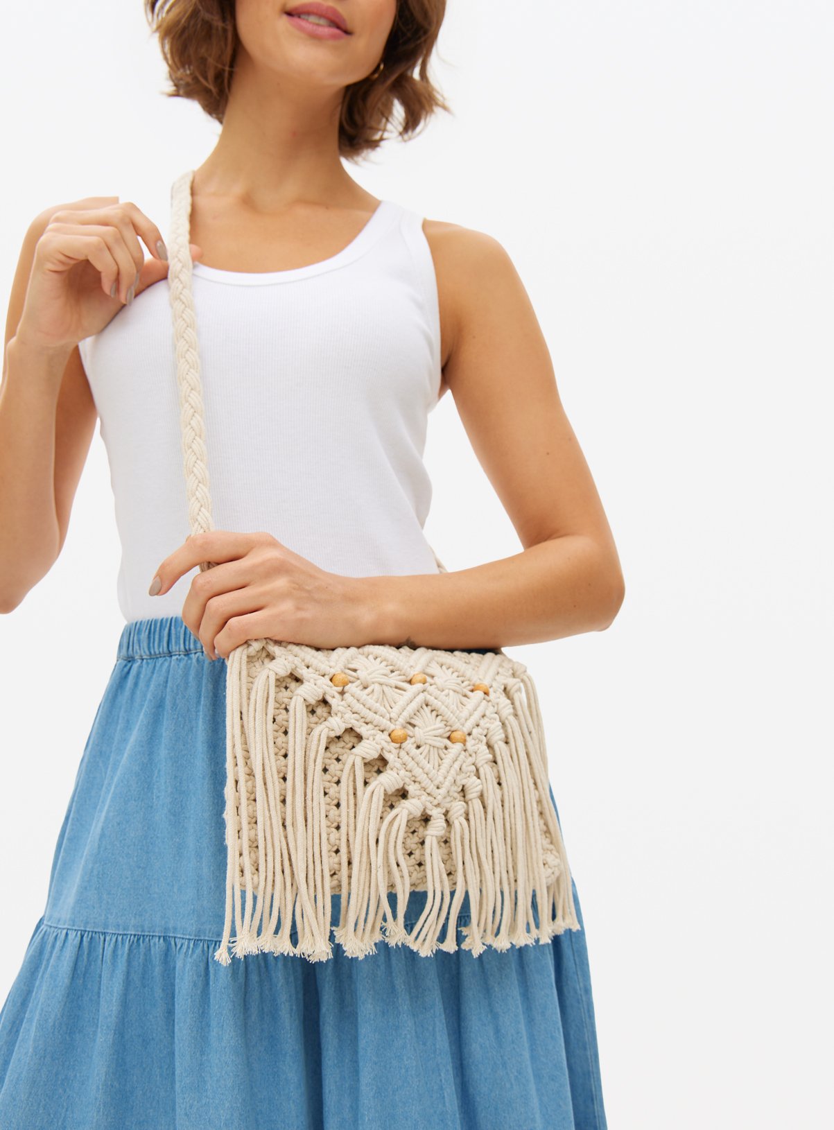 Cream Macrame Crossbody Bag One Size