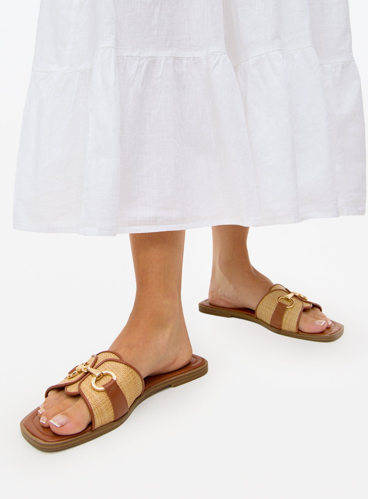 Neutral Raffia Buckle Mule Sandals  