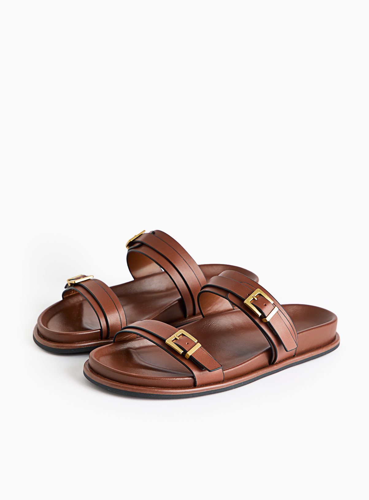 Tan Leather Twin Buckle Sandals 