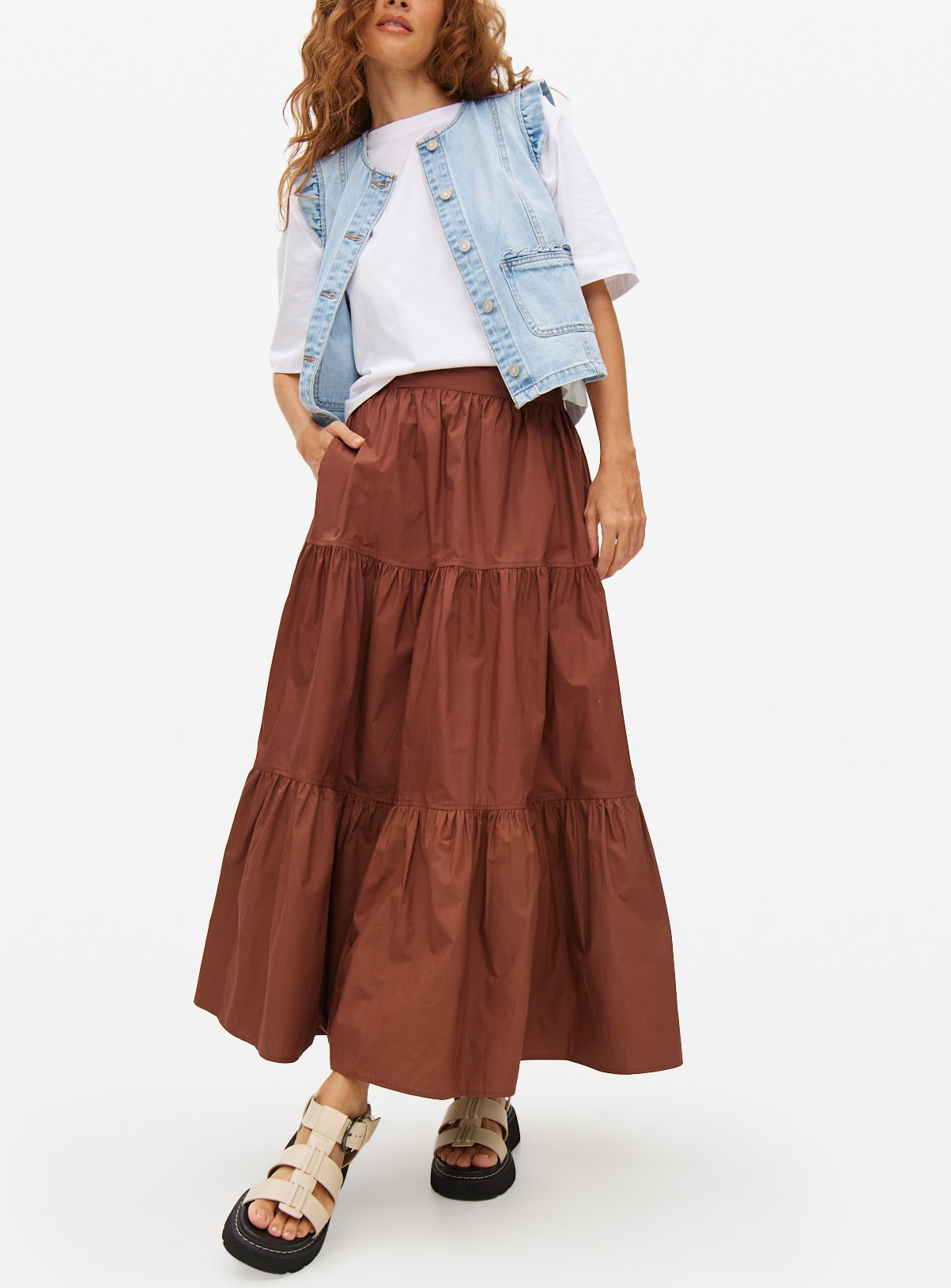 Brown Tiered Poplin Maxi Skirt 