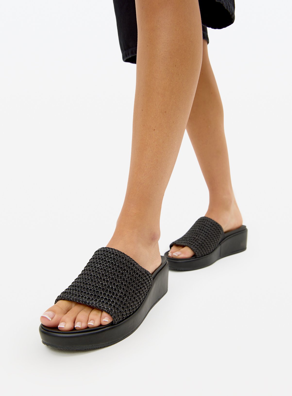 Black Raffia Wedge Sole Sandals  