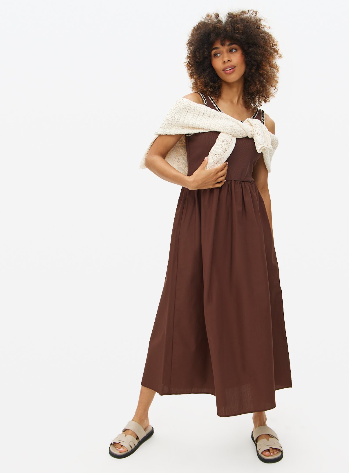 Brown Crochet Trim Sleeveless Midi Dress  