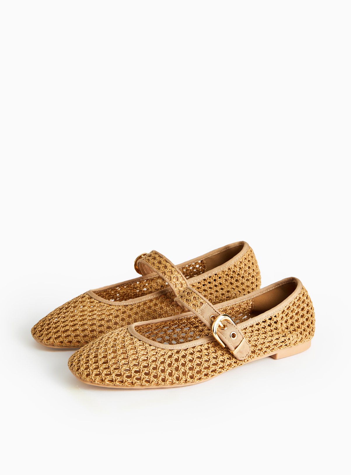 Neutral Mary Jane Weave Ballerina Pumps