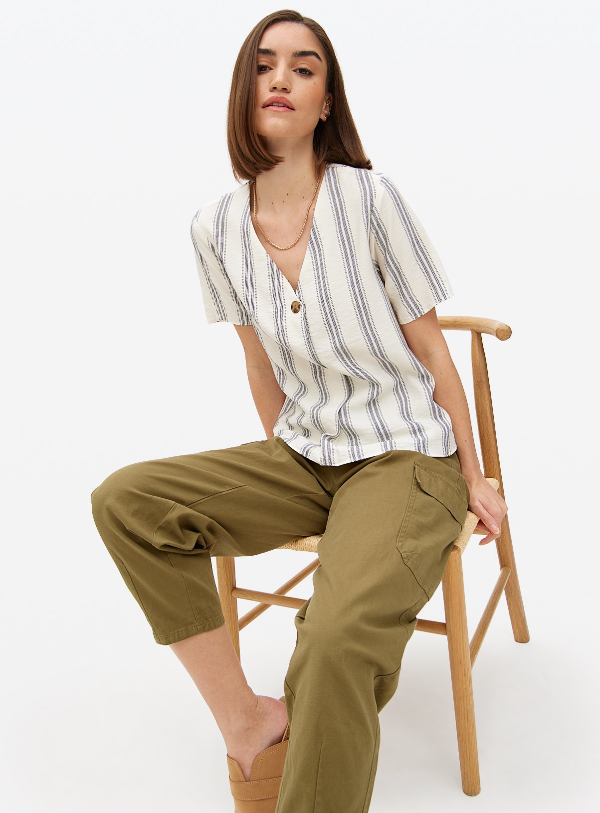 Neutral Stripe Button Front Blouse 