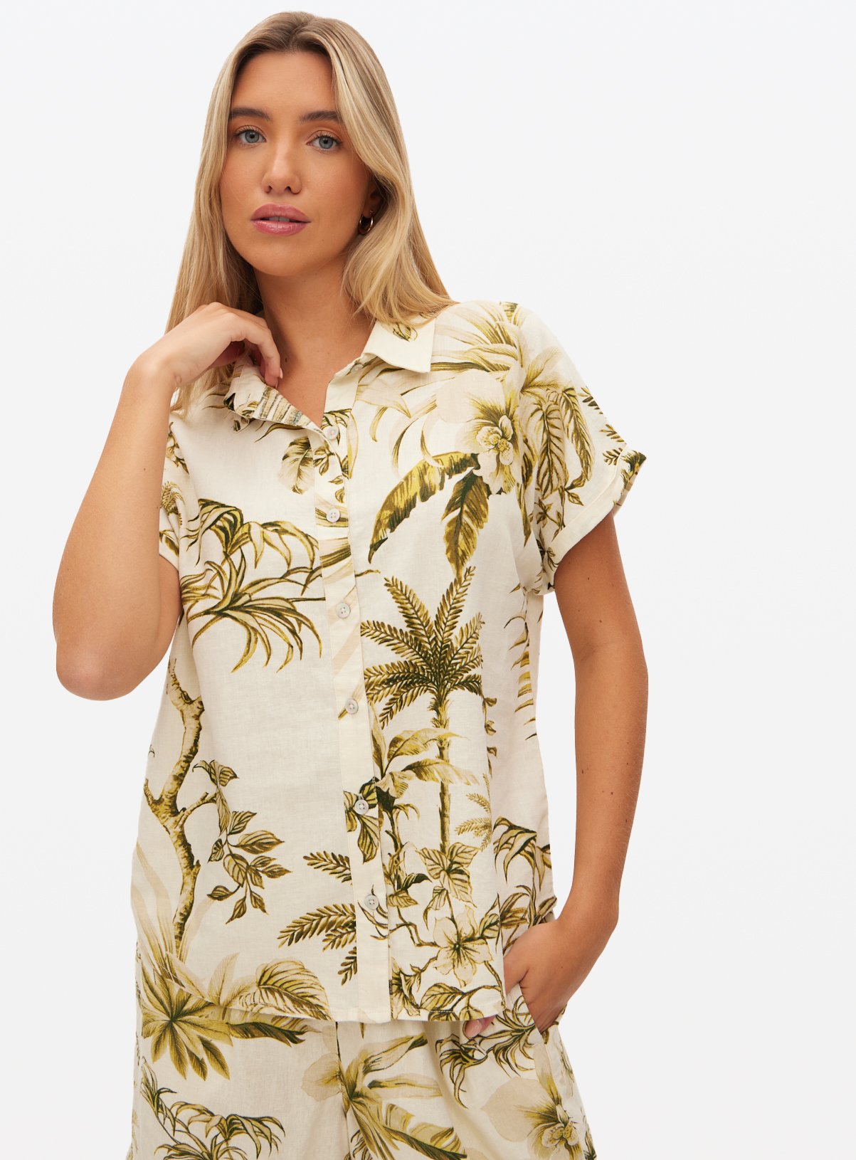 Cream Tropical Print Linen Blend Co-ord Shirt 20