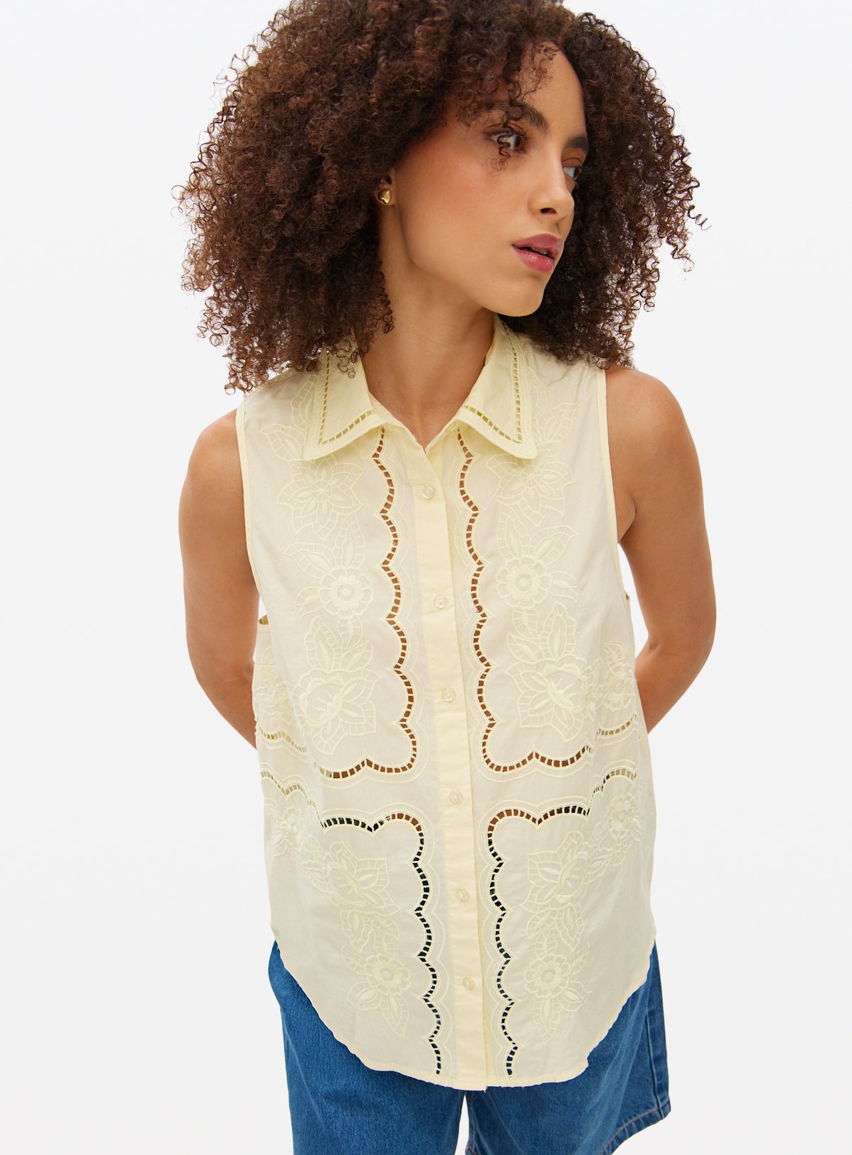 Light Yellow Broderie Detail Sleeveless Shirt 16