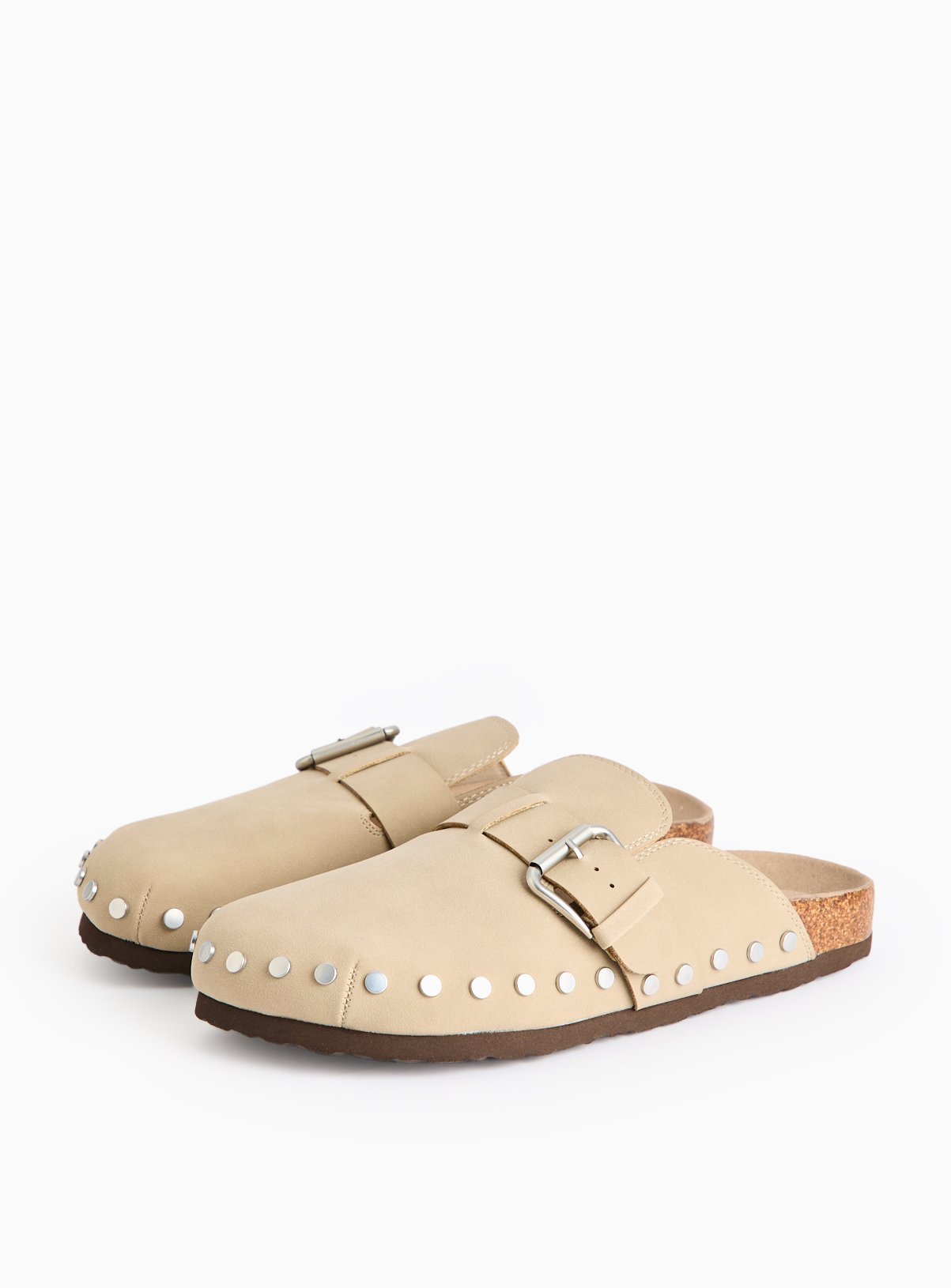 Beige Buckle Studded Footbed Clogs  