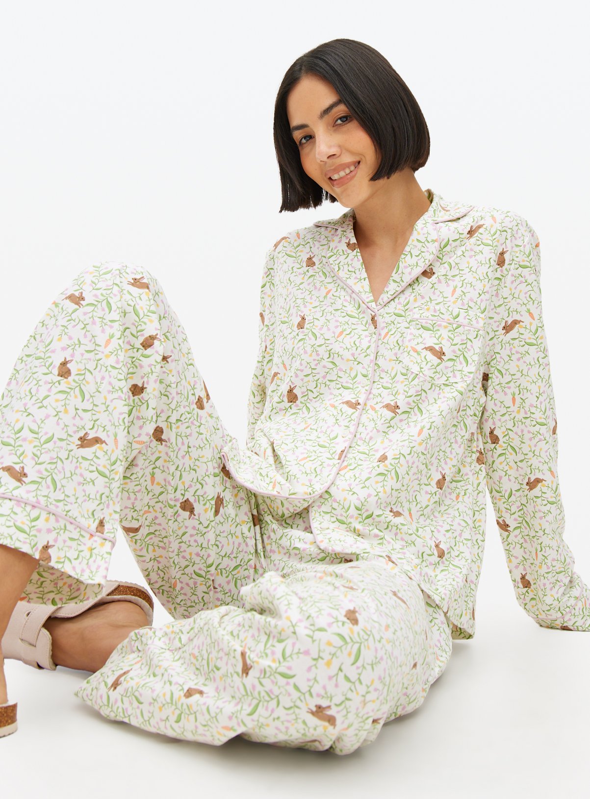 Cream Floral Bunny Print Jersey Pyjamas