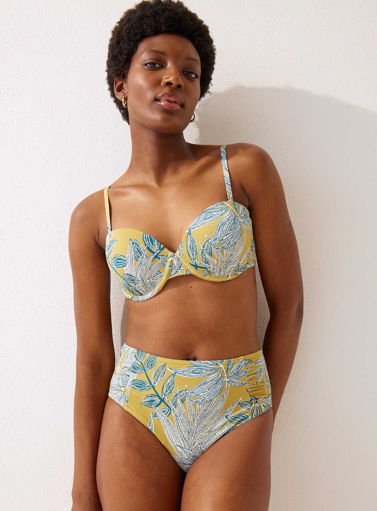 Yellow Leaf Printed Full Bikini Bottoms 