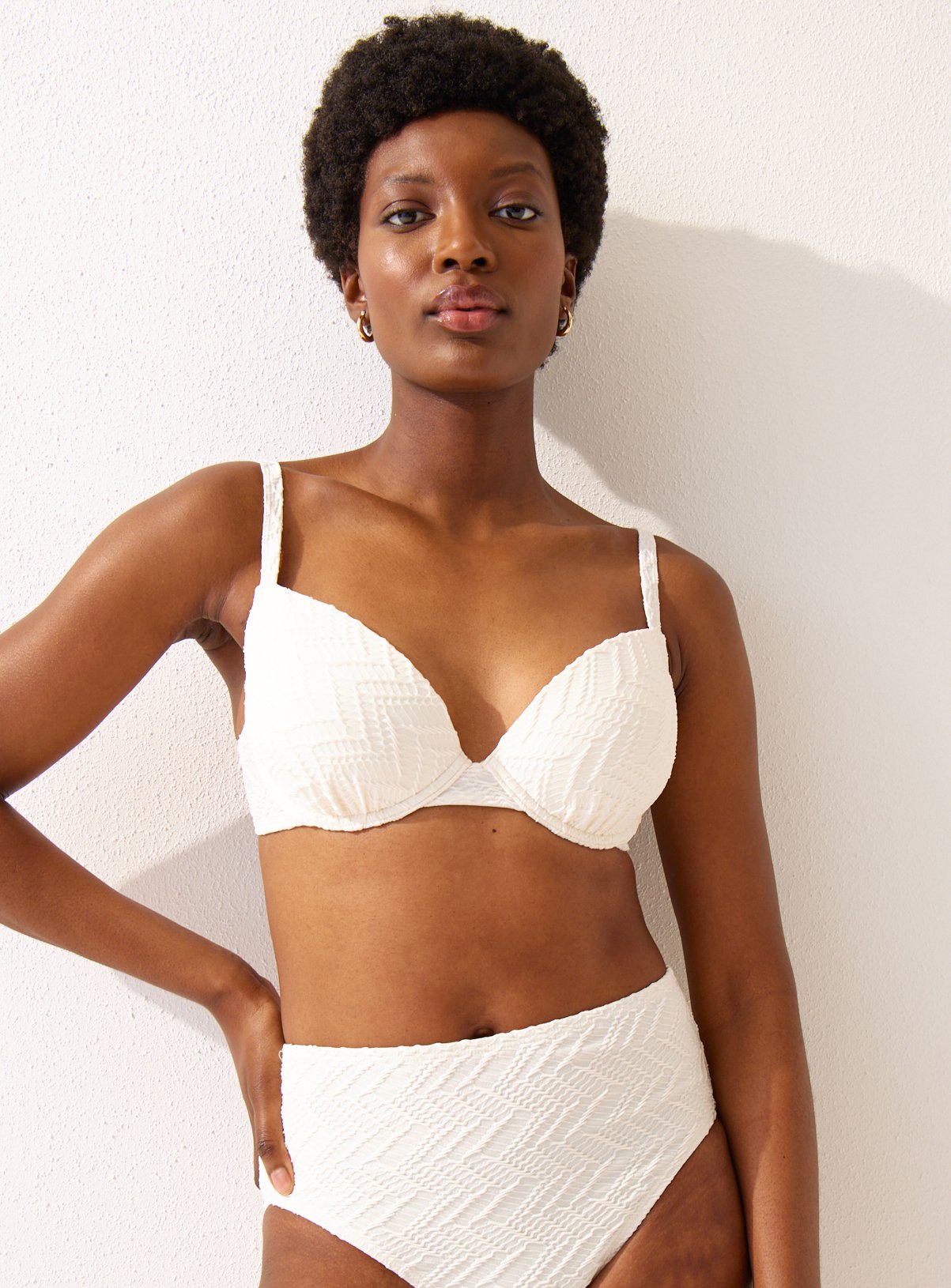 White Textured Balcony Plunge Bikini Top  