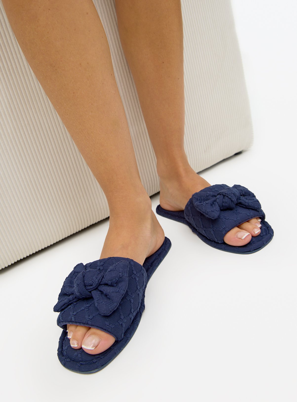 Navy Textured Bow Mule Slippers 