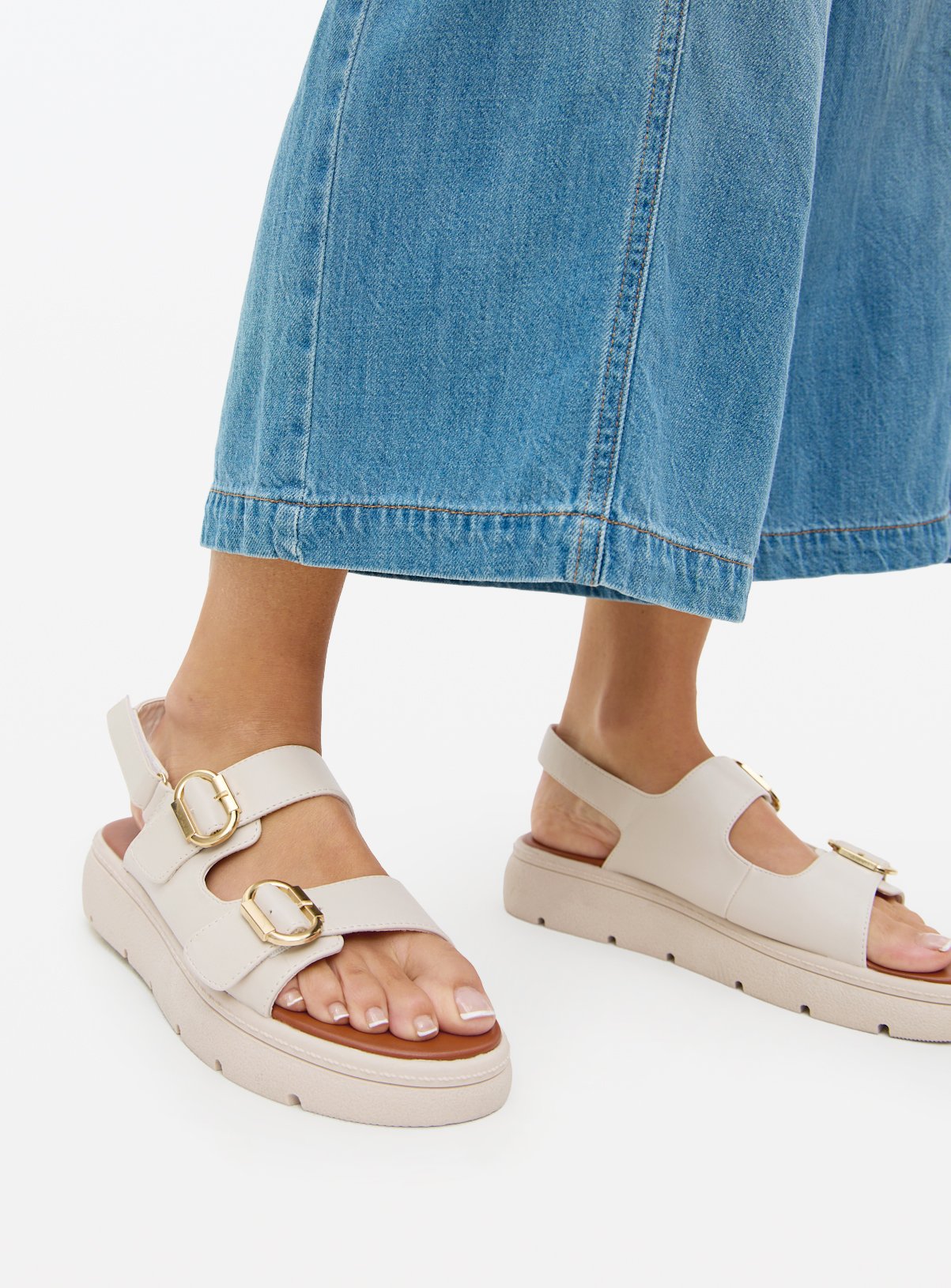 Cream Faux Leather Comfort Sole Wedge Sandals  