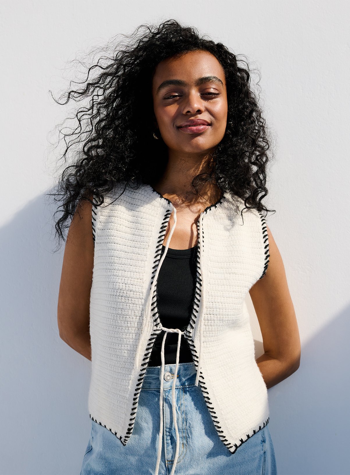 Cream Contrast Stitch Tie-Front Waistcoat 