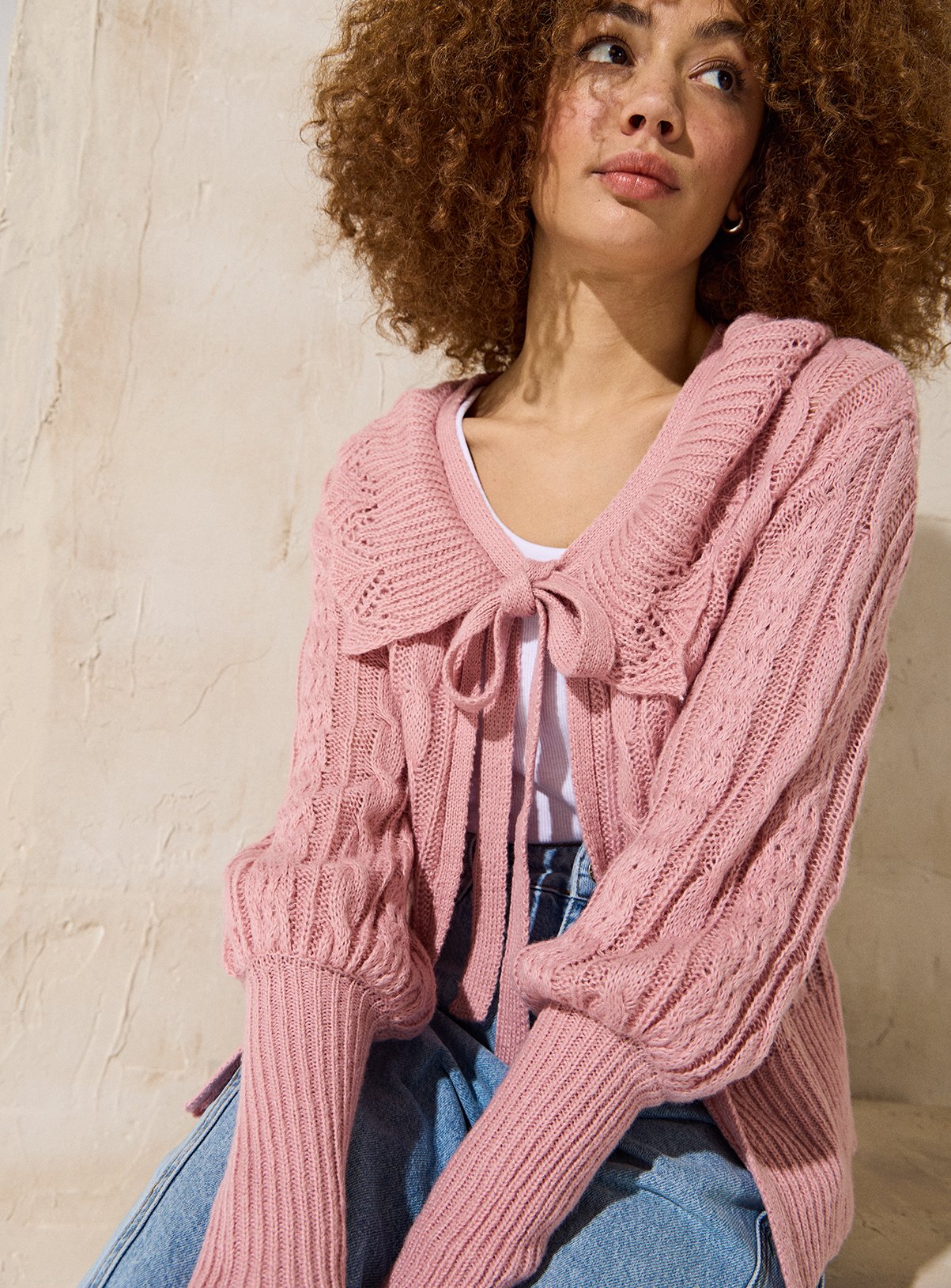 EVERBELLE Pink Tie Collared Knit Cardigan 