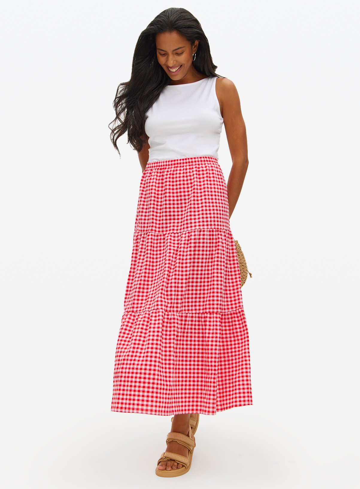 Red Gingham Tiered Midaxi Full Skirt 