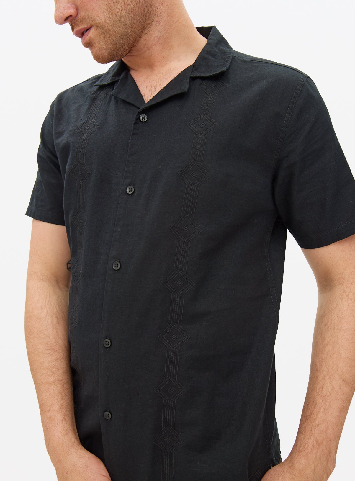 Black Linen Border Embroidered Shirt 