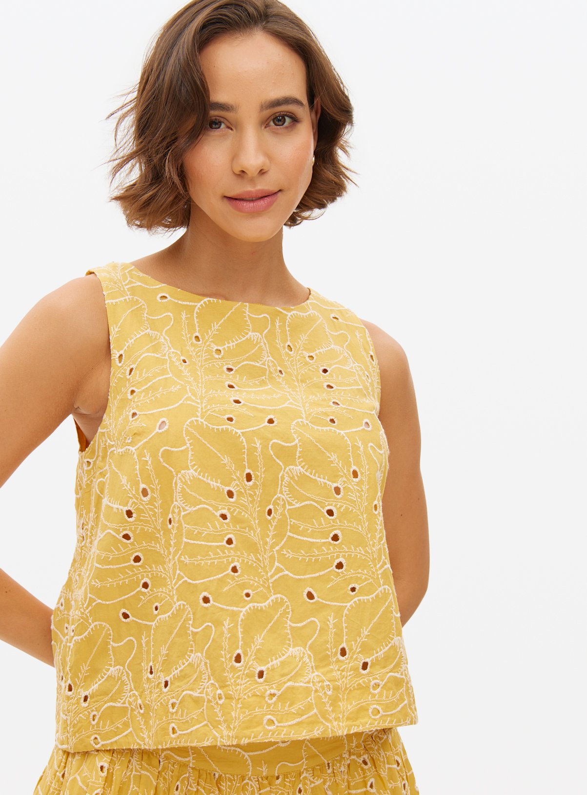 Yellow Broderie Sleeveless Co-ord Shell Top 