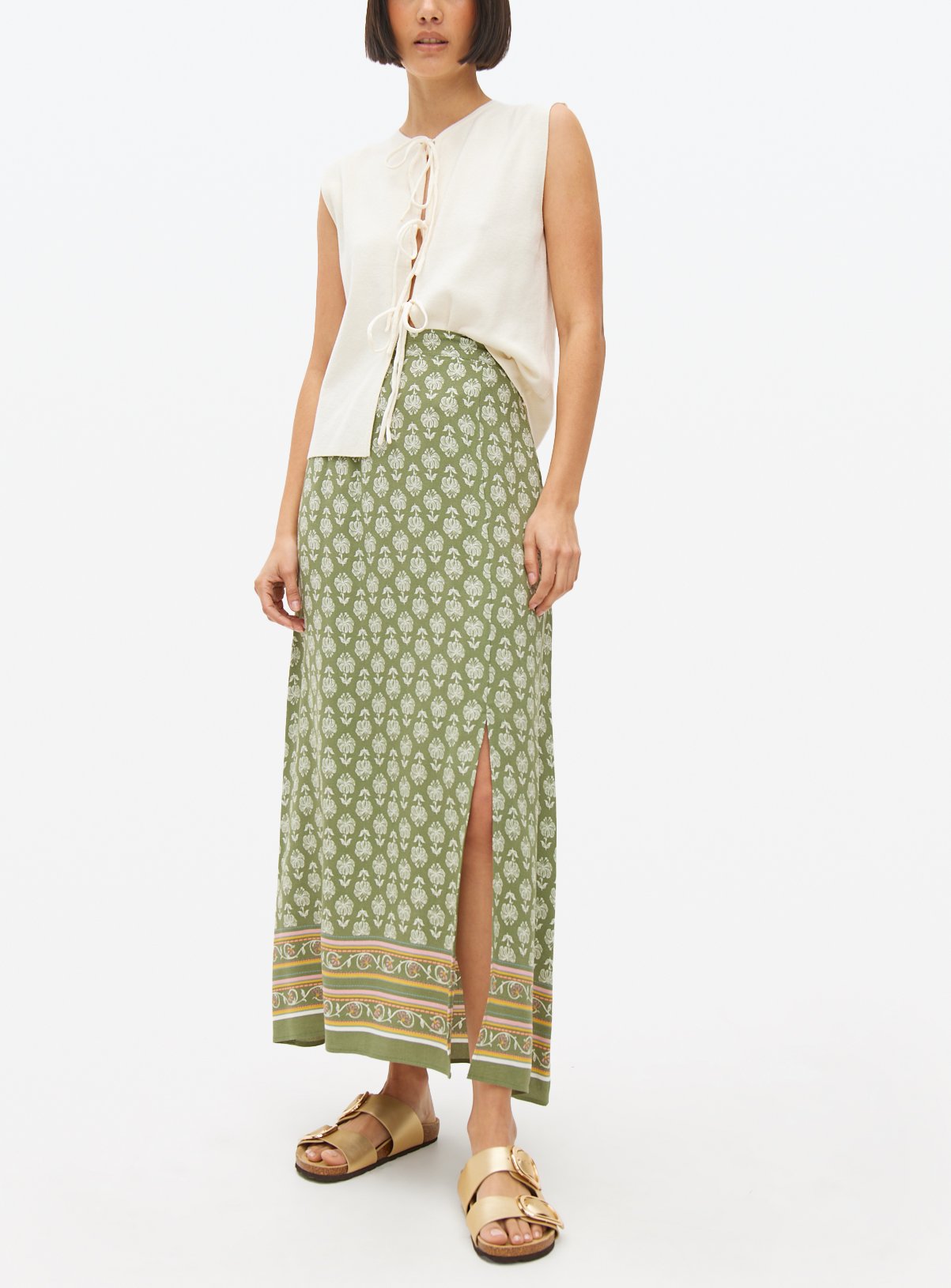 Khaki Border Print Column Skirt 22